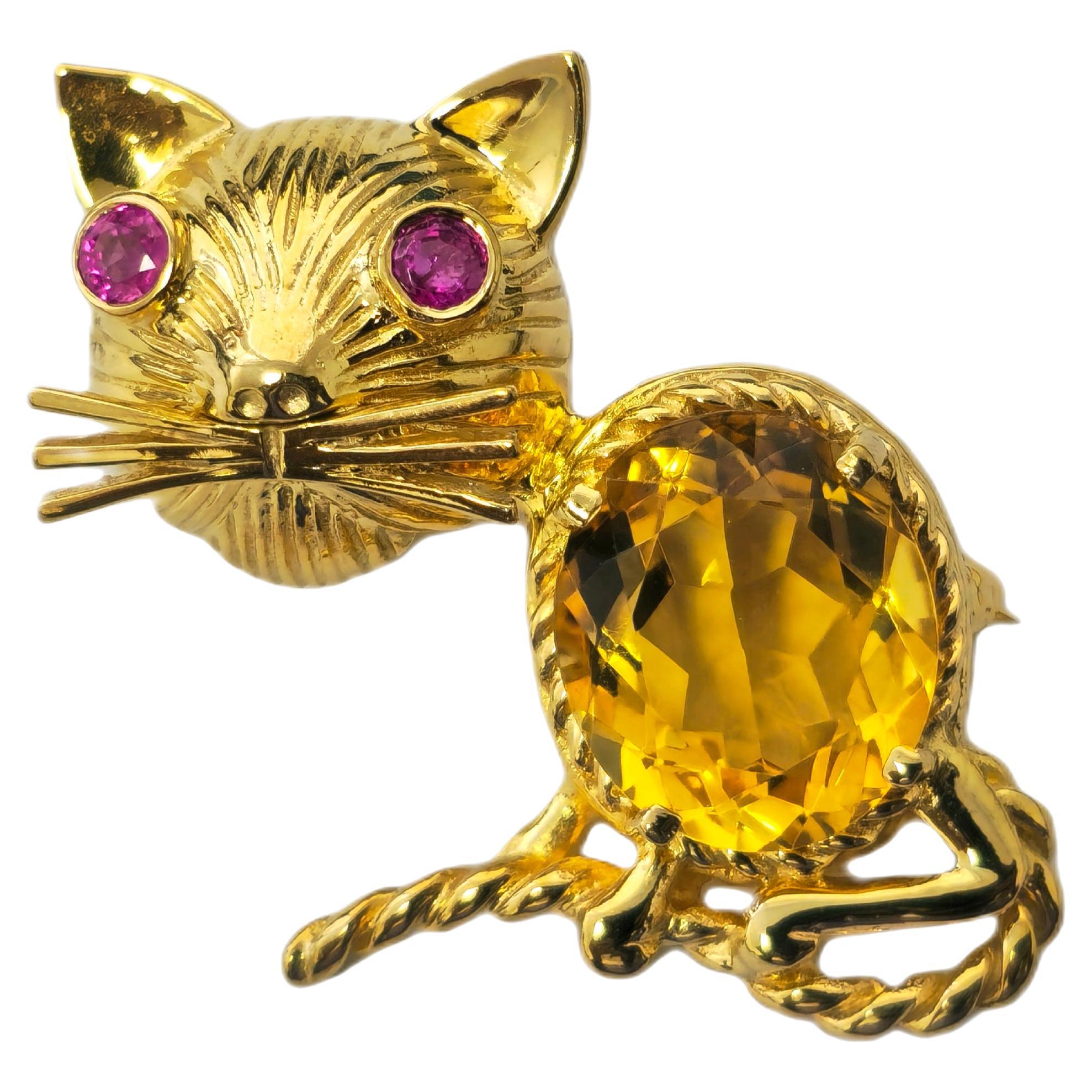 Cat Motif Ruby and Citrine Pin in 14k Yellow Gold