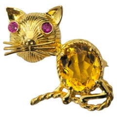 Cat Motif Ruby and Citrine Pin in 14k Yellow Gold