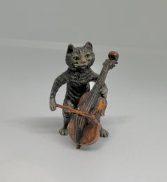 Cat Musician Playing Cello Base Kitten Rare Austrian Vienna Bronze Antique