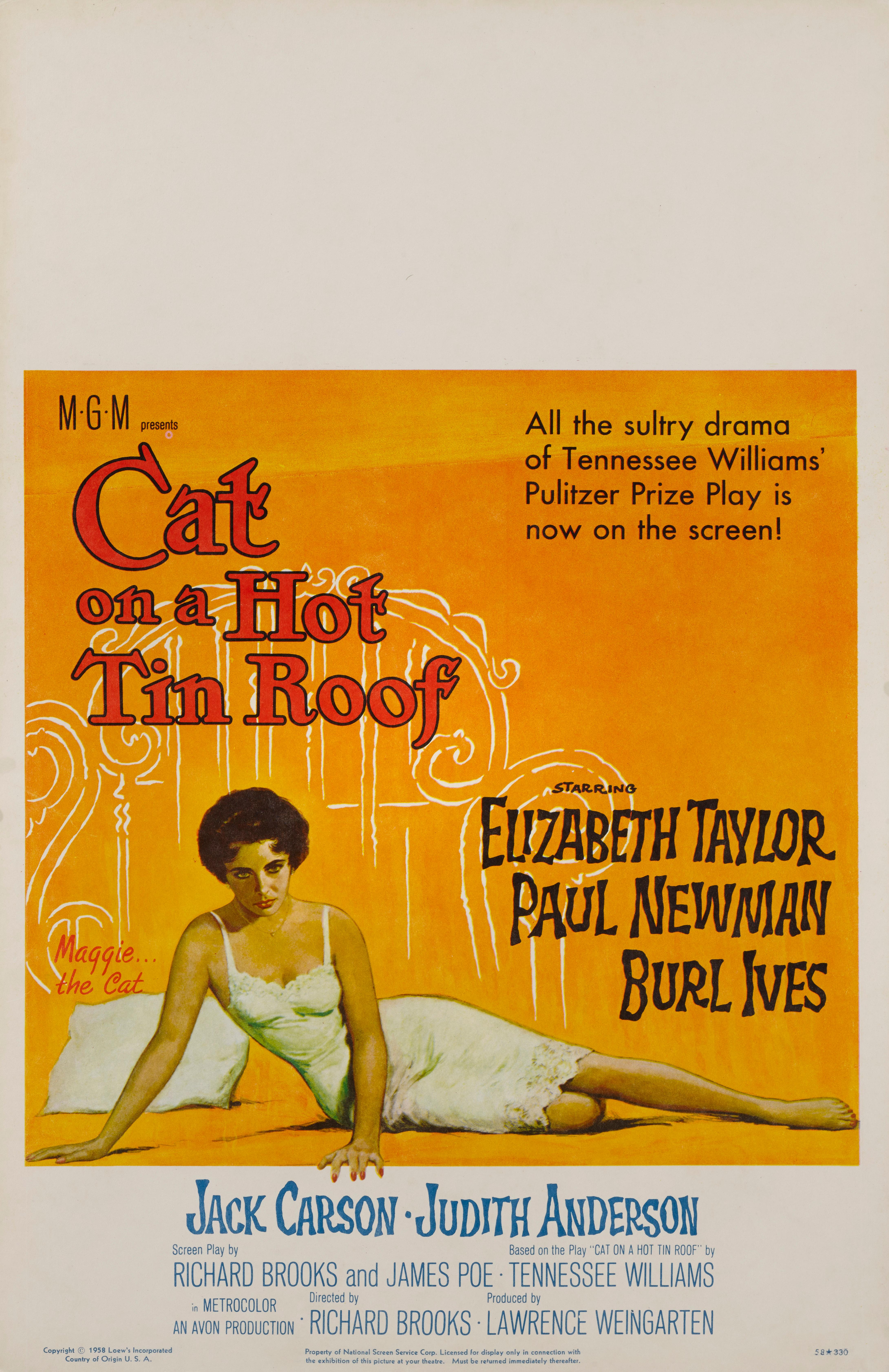 Original US film poster for the 1958 drama staring Elizabeth Taylor and Paul Newman. The film was directed by Richard Brooks. This poster would have been used to show the times of the film, these times would be hand written in the blank top area of
