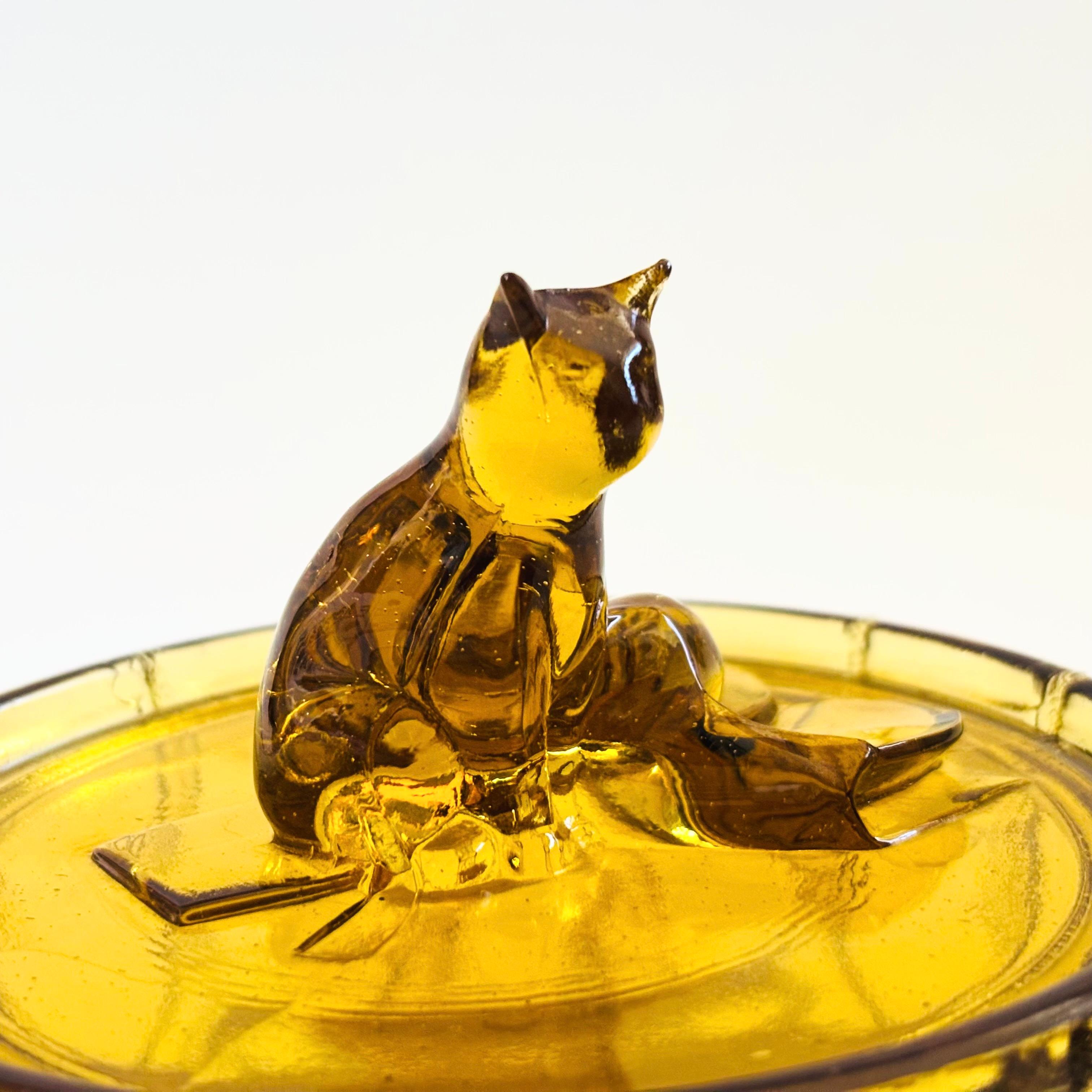 Art Deco Cat on Drum Amber Glass Box by Portieux Vallerysthal, France For Sale