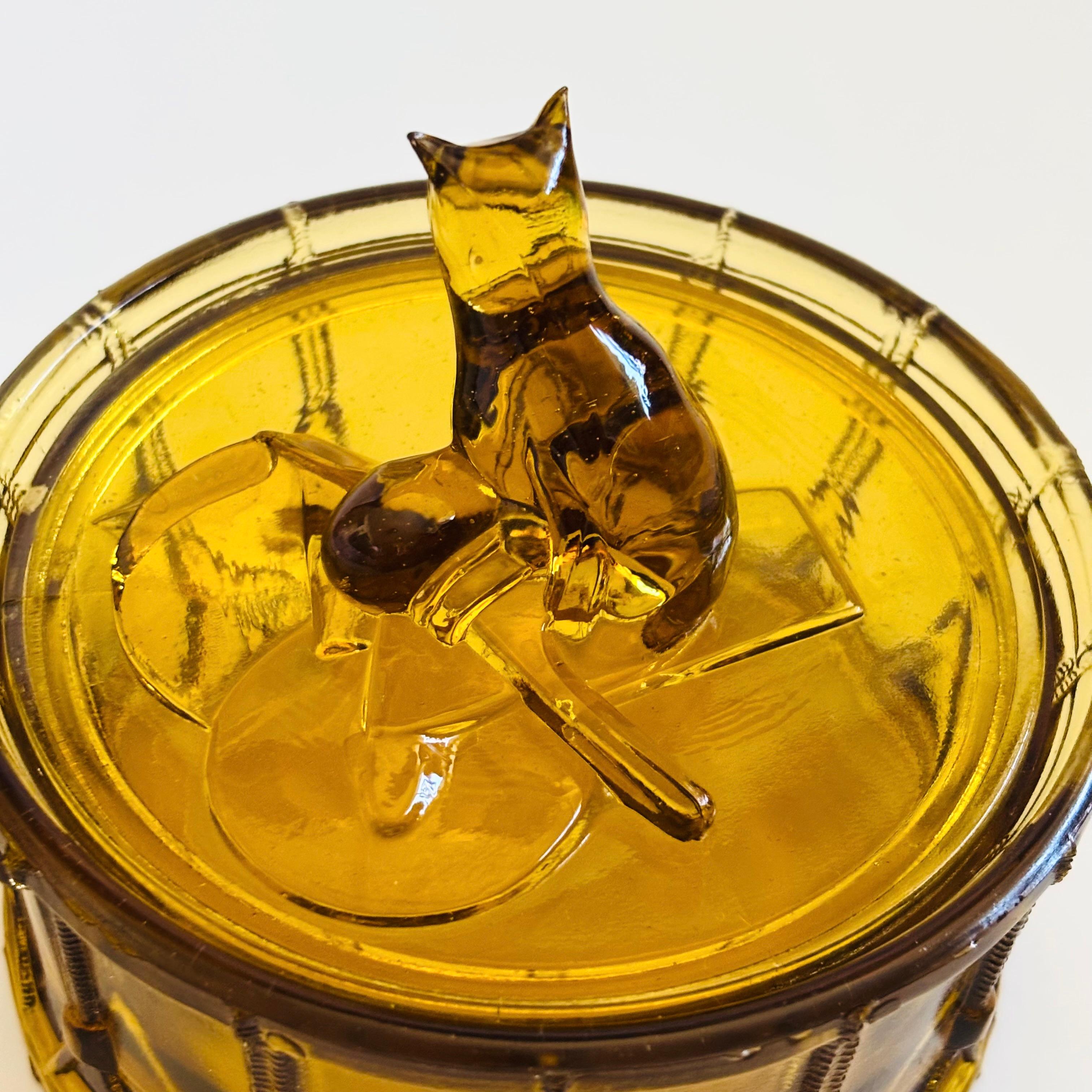 20th Century Cat on Drum Amber Glass Box by Portieux Vallerysthal, France For Sale