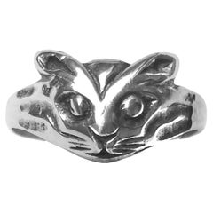 Anillo de Plata Gato - 1970s Vintage - Sello de Plata - inc Caja + Bolsa Interior de Tela
