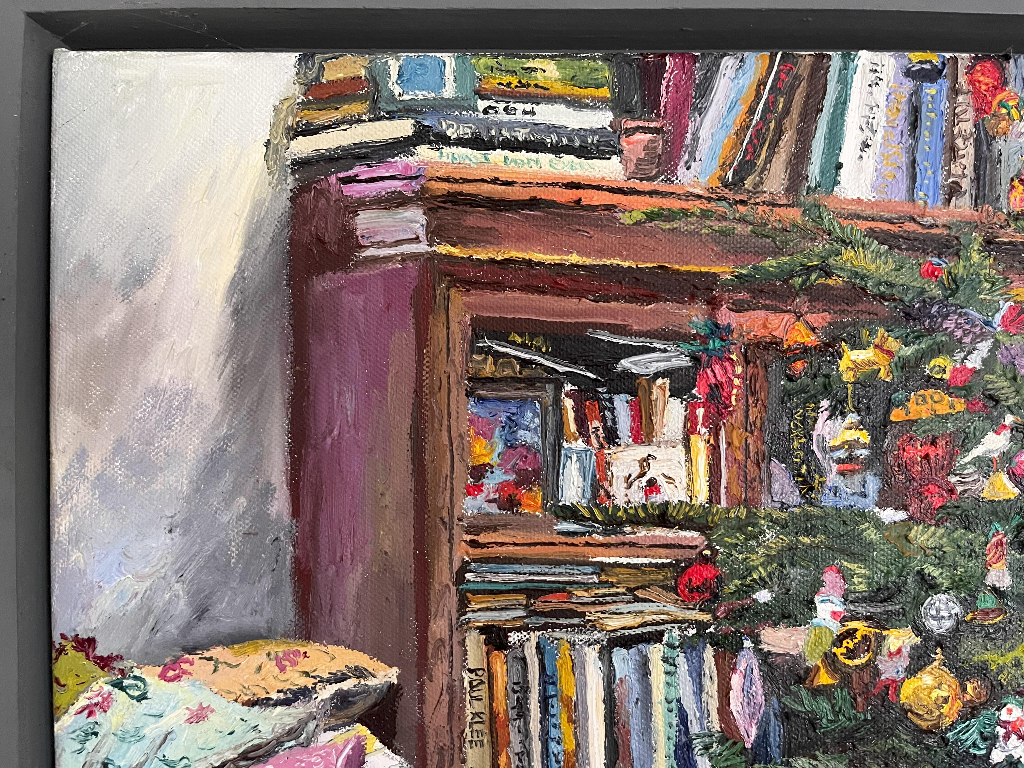 Peinture à l'huile originale de Mellisa Scott-Miller  (né en 1959). 
Chat dormant près du sapin de Noël  daté de 2009
Huile sur toile,
Format encadré 24