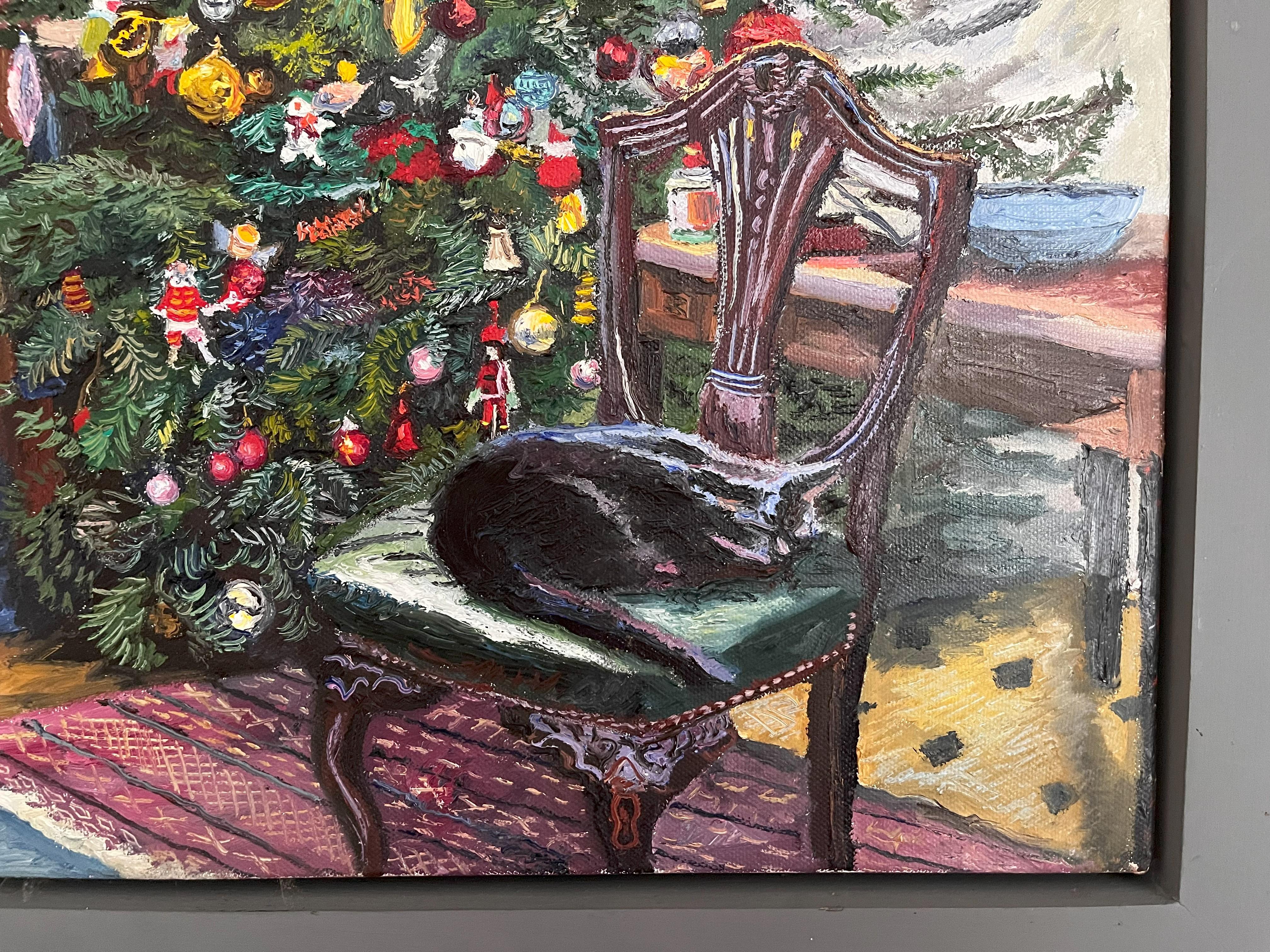 Peint à la main CAT SLEEPING BY CHRISTMAS TREE de Mellisa Scott-Miller en vente