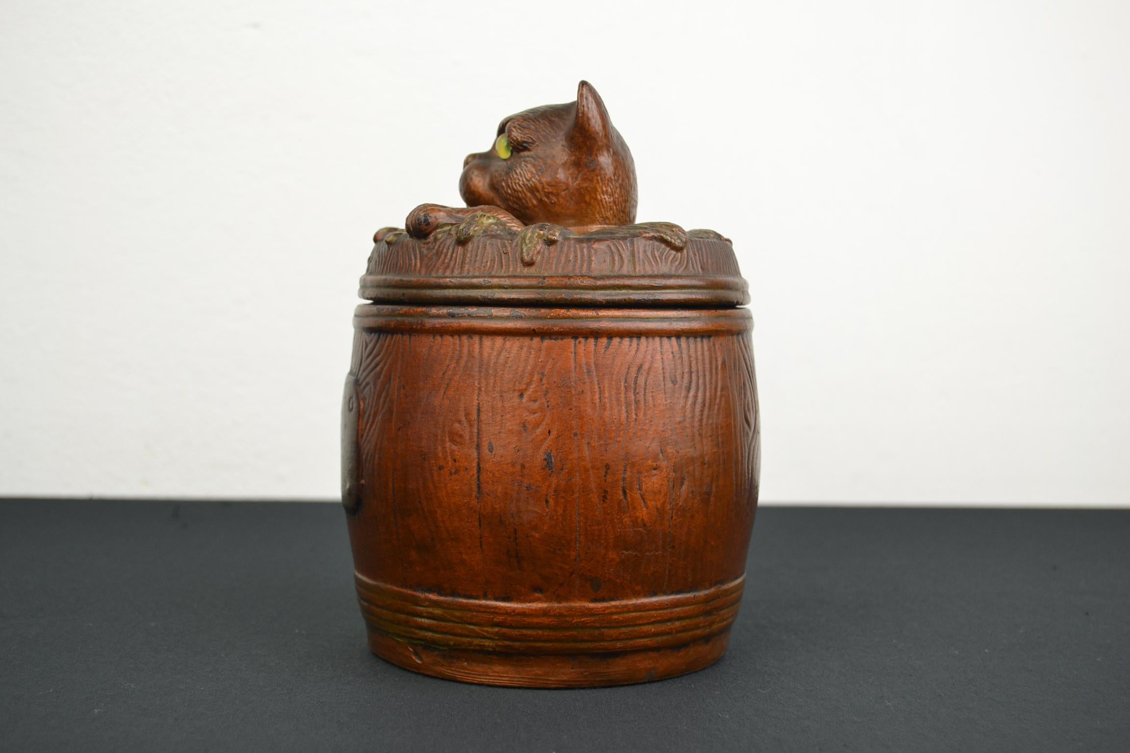 20th Century Cat Tobacco Jar Barrel Humidor For Sale