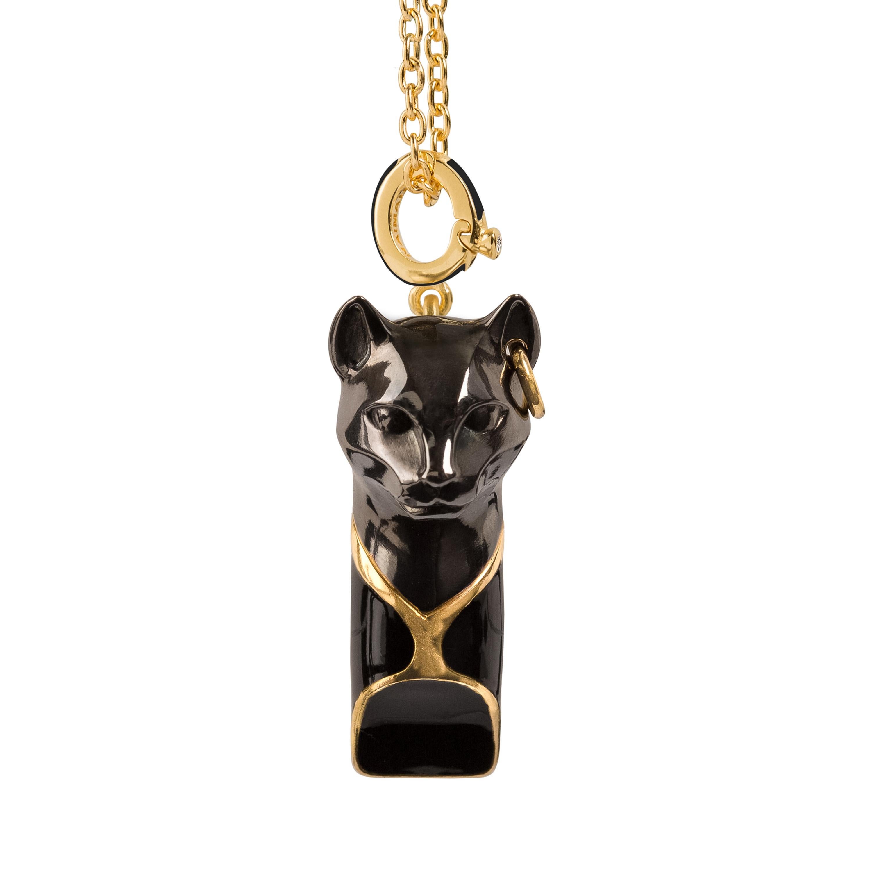 Sterling silver cat call whistle necklace charm pendant plated with thick 1 micron coat of 18k yellow gold featuring ancient Egyptian cat goddess Bastet. Black Enamel.
Handcrafted in the Istanbul atelier, by master artisans.
Fully functional