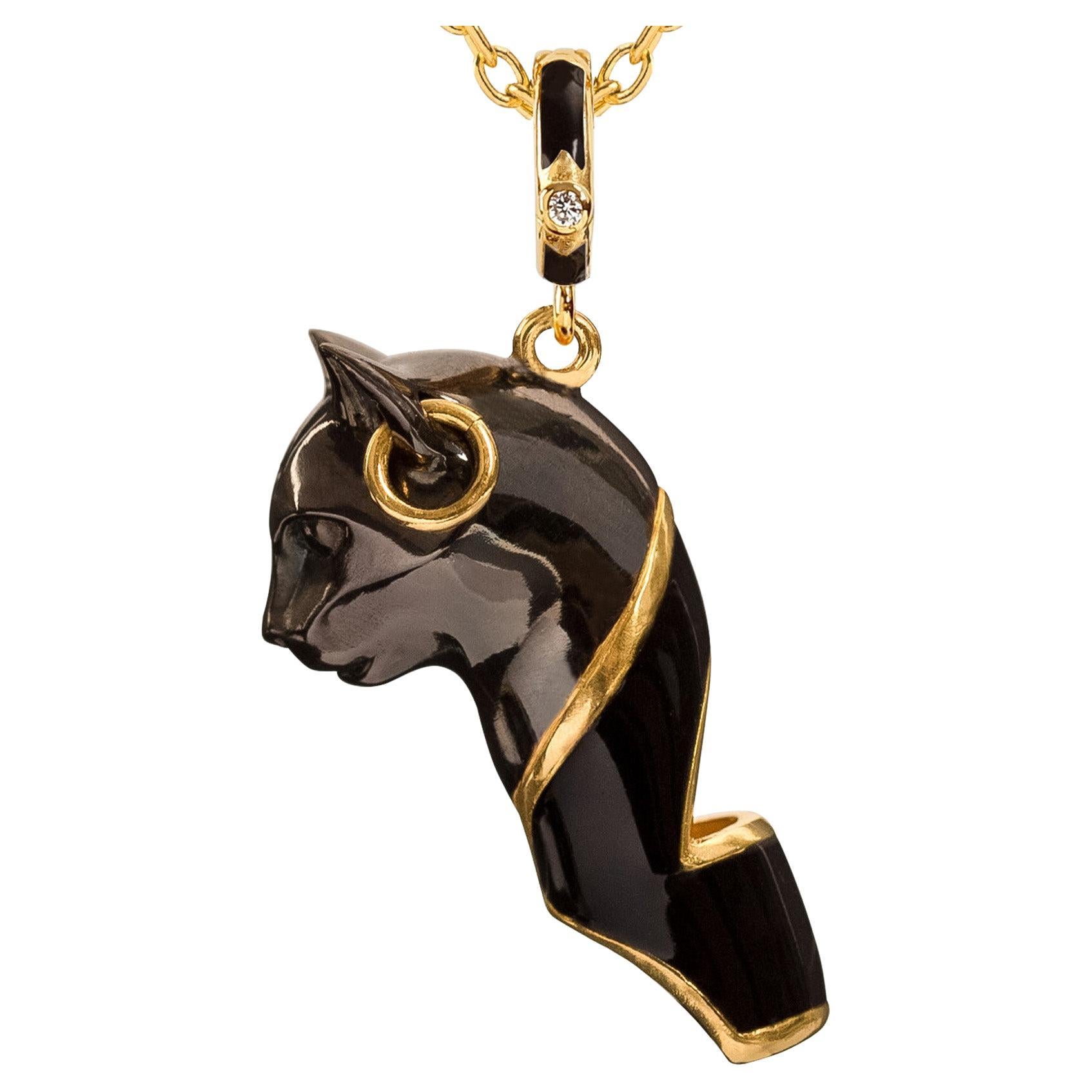 Cat Whistle Pendant Bastet Necklace, Black Enamel For Sale