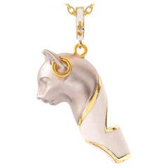 Cat Whistle Pendant Bastet Necklace, White Enamel