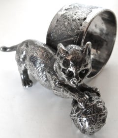 "Cat with a Ball of Yarn" Silver Plate Victorian Napkin Ring, American