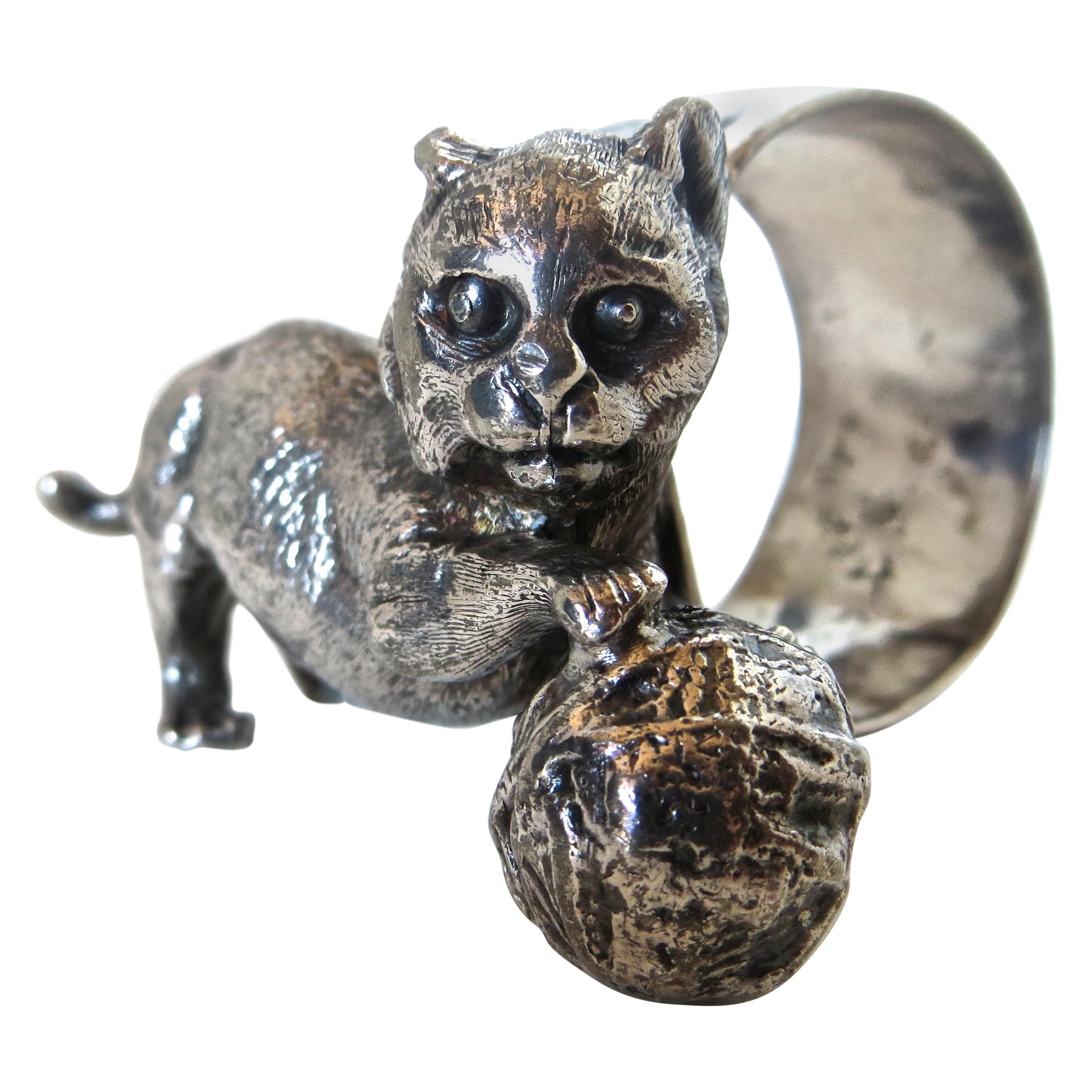 "Cat with a Ball of Yarn" Silver Plate Victorian Napkin Ring, American