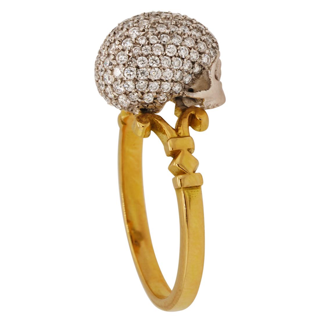 Catacomb Saint Diamond Encrusted Skull Ring in 18kt Gold with Diamonds & Rubies For Sale 4
