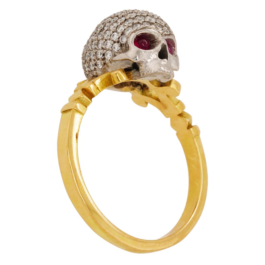 Catacomb Saint Diamond Encrusted Skull Ring in 18kt Gold with Diamonds & Rubies For Sale 5