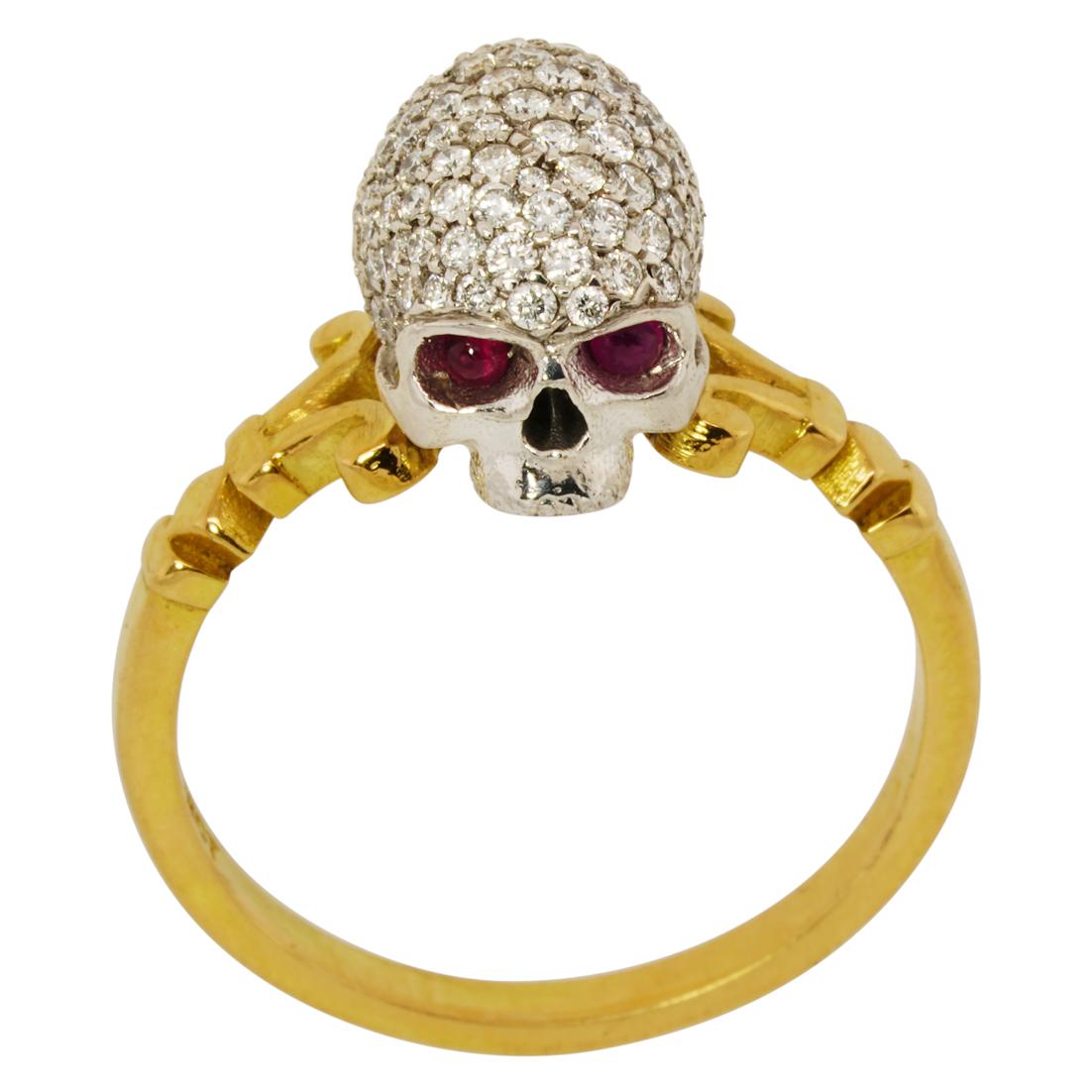 Catacomb Saint Diamond Encrusted Skull Ring in 18kt Gold with Diamonds & Rubies For Sale 7