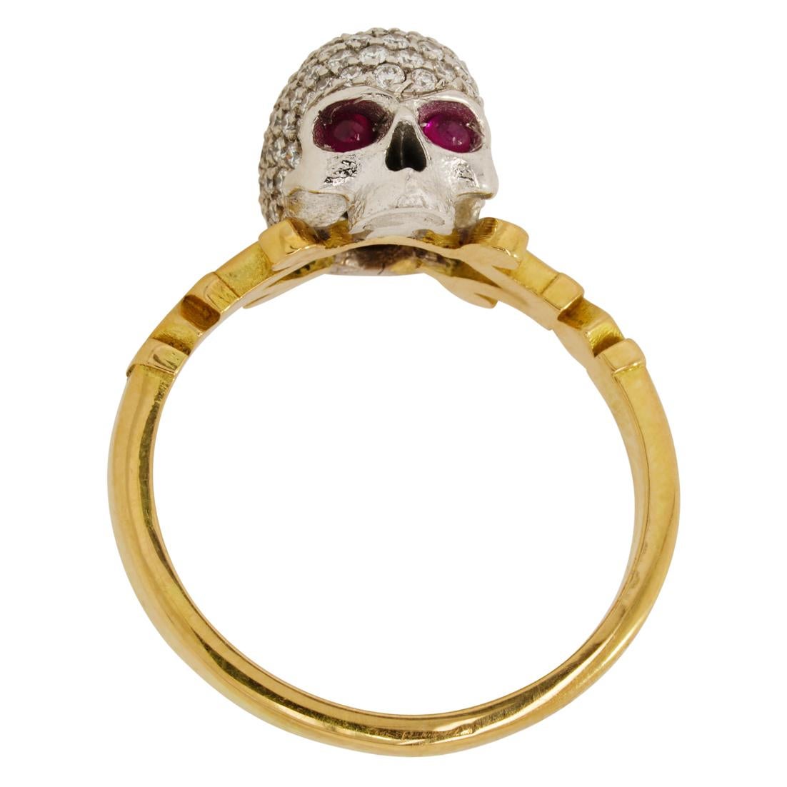 Catacomb Saint Diamond Encrusted Skull Ring in 18kt Gold with Diamonds & Rubies For Sale 8