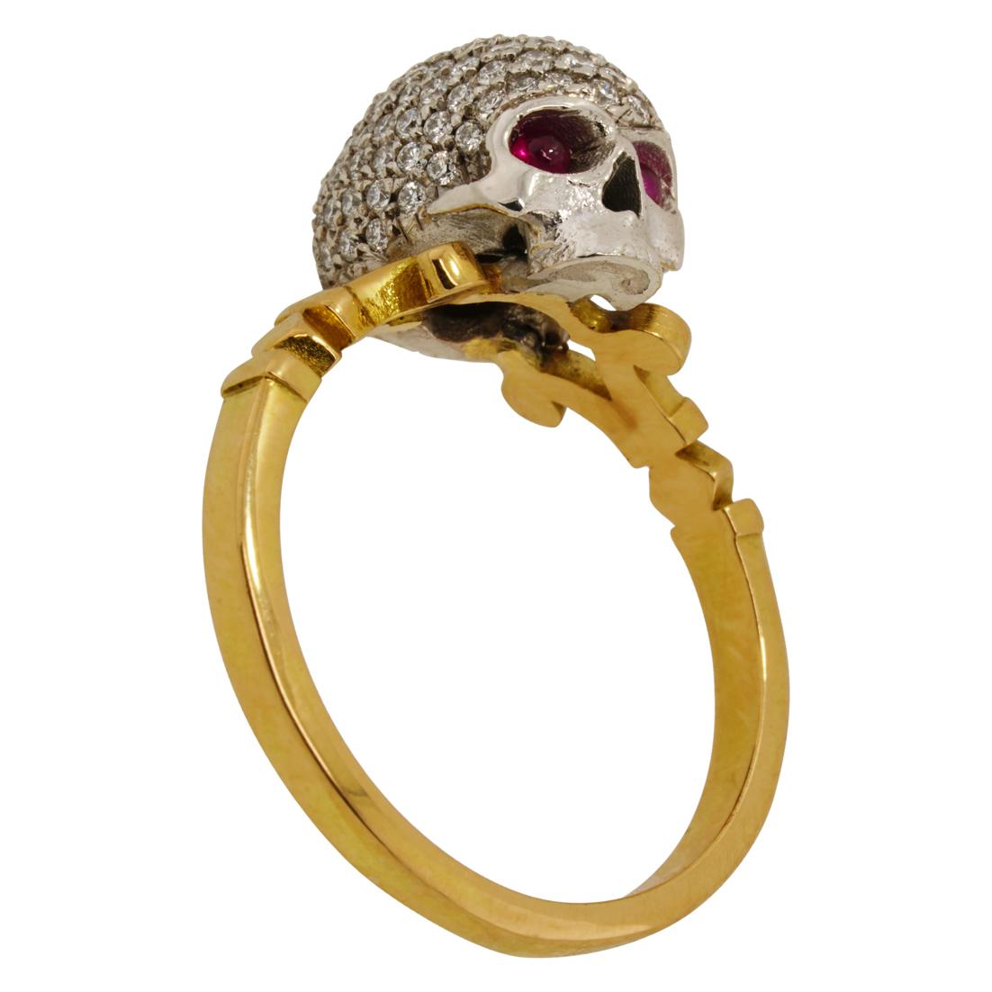 Catacomb Saint Diamond Encrusted Skull Ring in 18kt Gold with Diamonds & Rubies For Sale 9