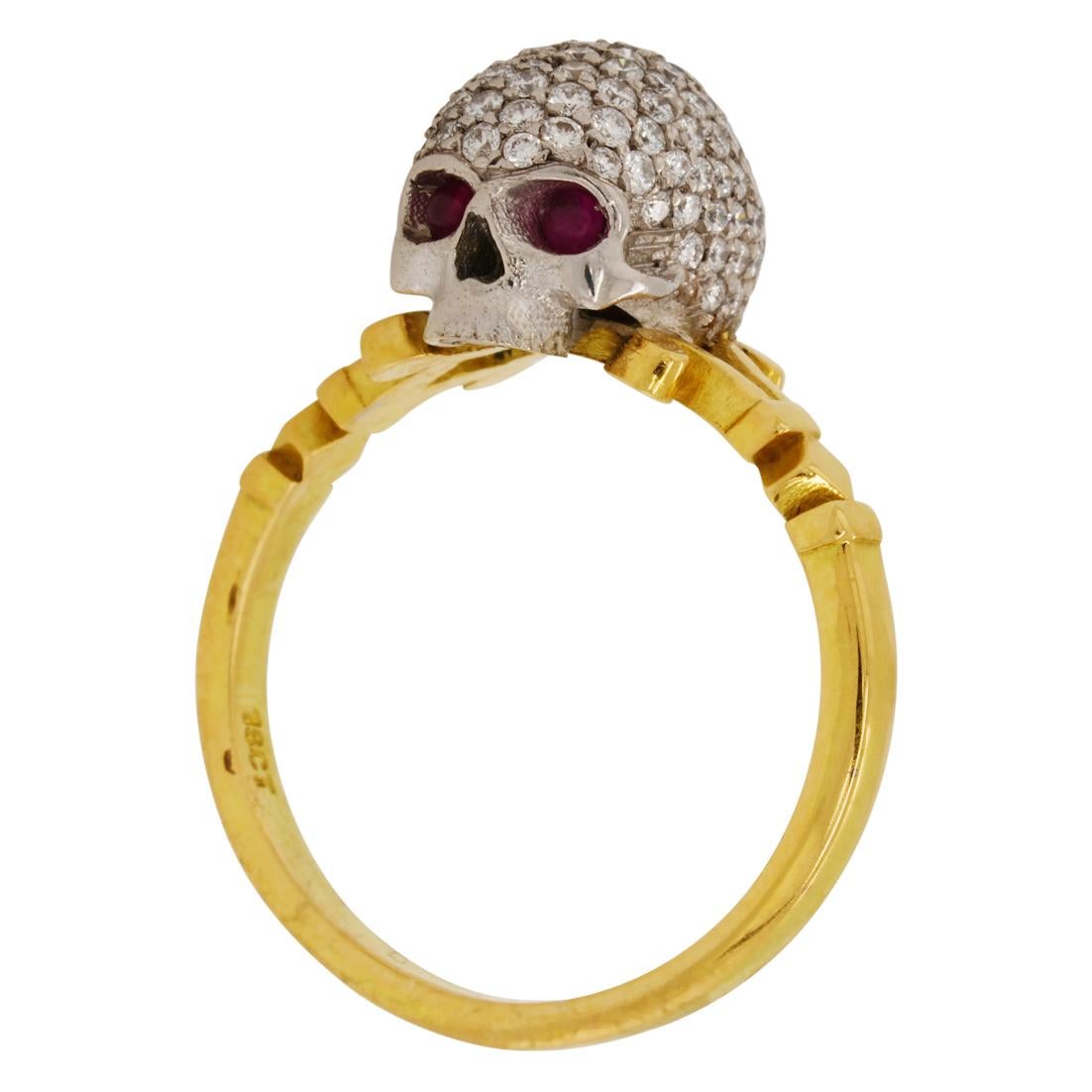 Catacomb Saint Diamond Encrusted Skull Ring in 18kt Gold with Diamonds & Rubies For Sale 2