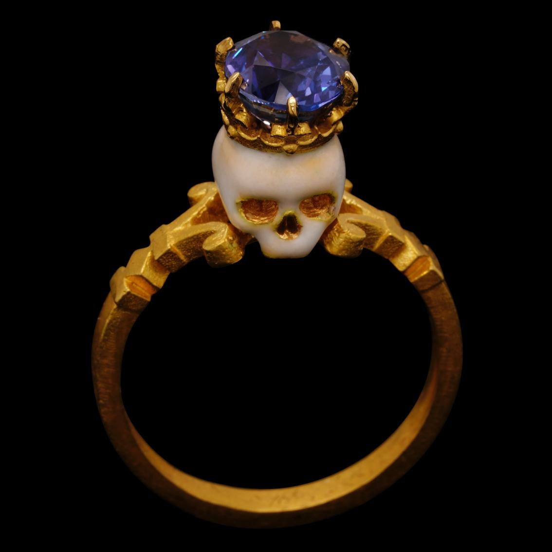 Oval Cut Catacomb Saint Skull Ring in 22 Karat Gold, Enamel and Violet Blue Sapphire For Sale