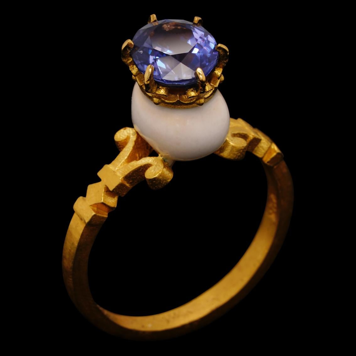 Catacomb Saint Skull Ring in 22 Karat Gold, Enamel and Violet Blue Sapphire In New Condition For Sale In Melbourne, Vic