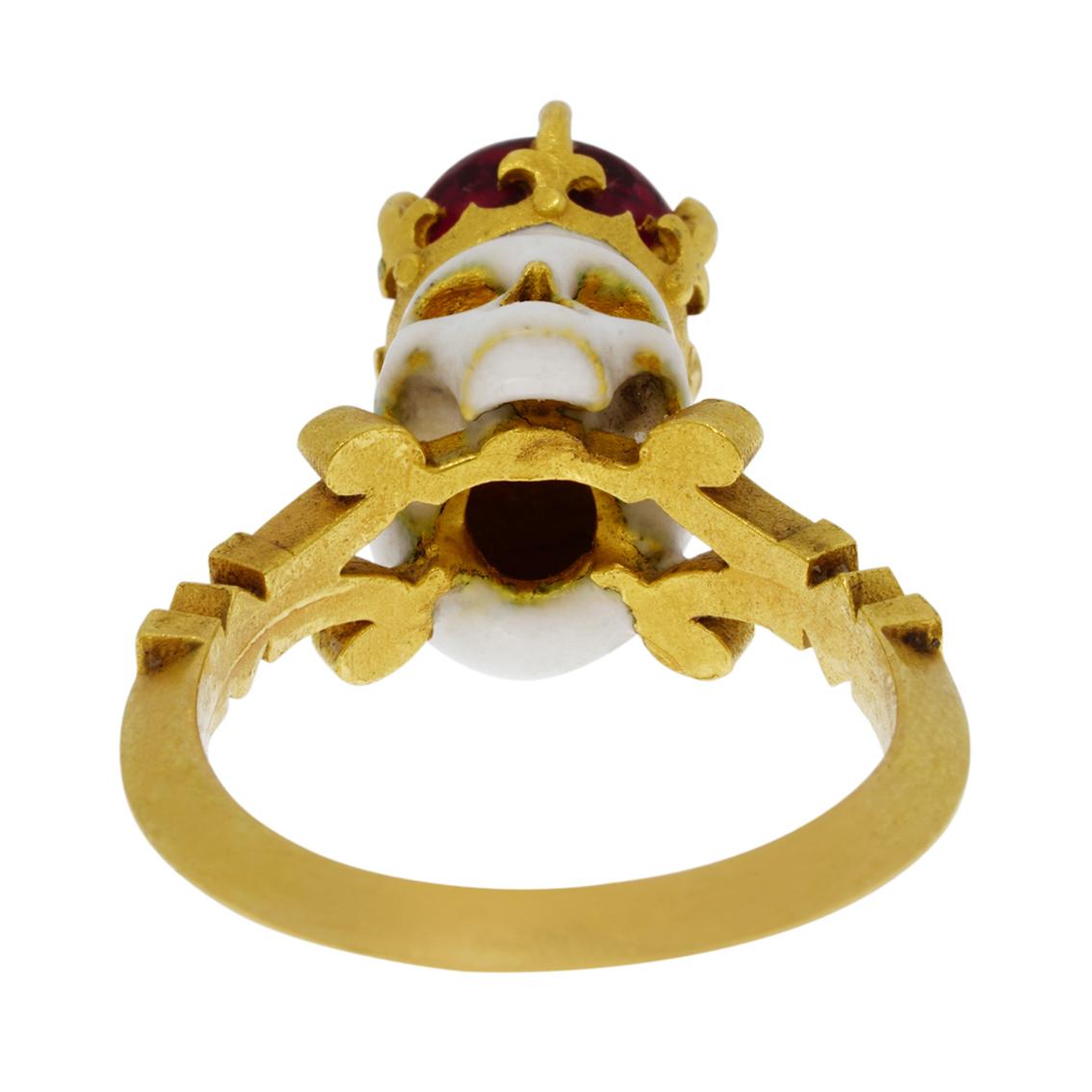 Catacomb Saint Skull Ring in 22 Karat Yellow Gold, Enamel & Rubellite Tourmaline 4