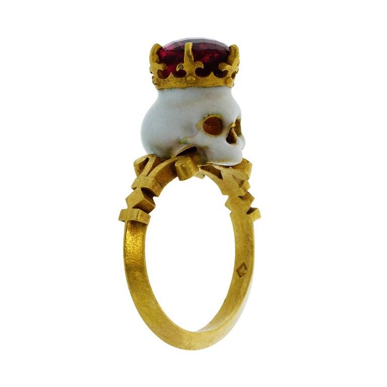Tourmaline gold enamel skull ring memento Mori For Sale at 1stDibs