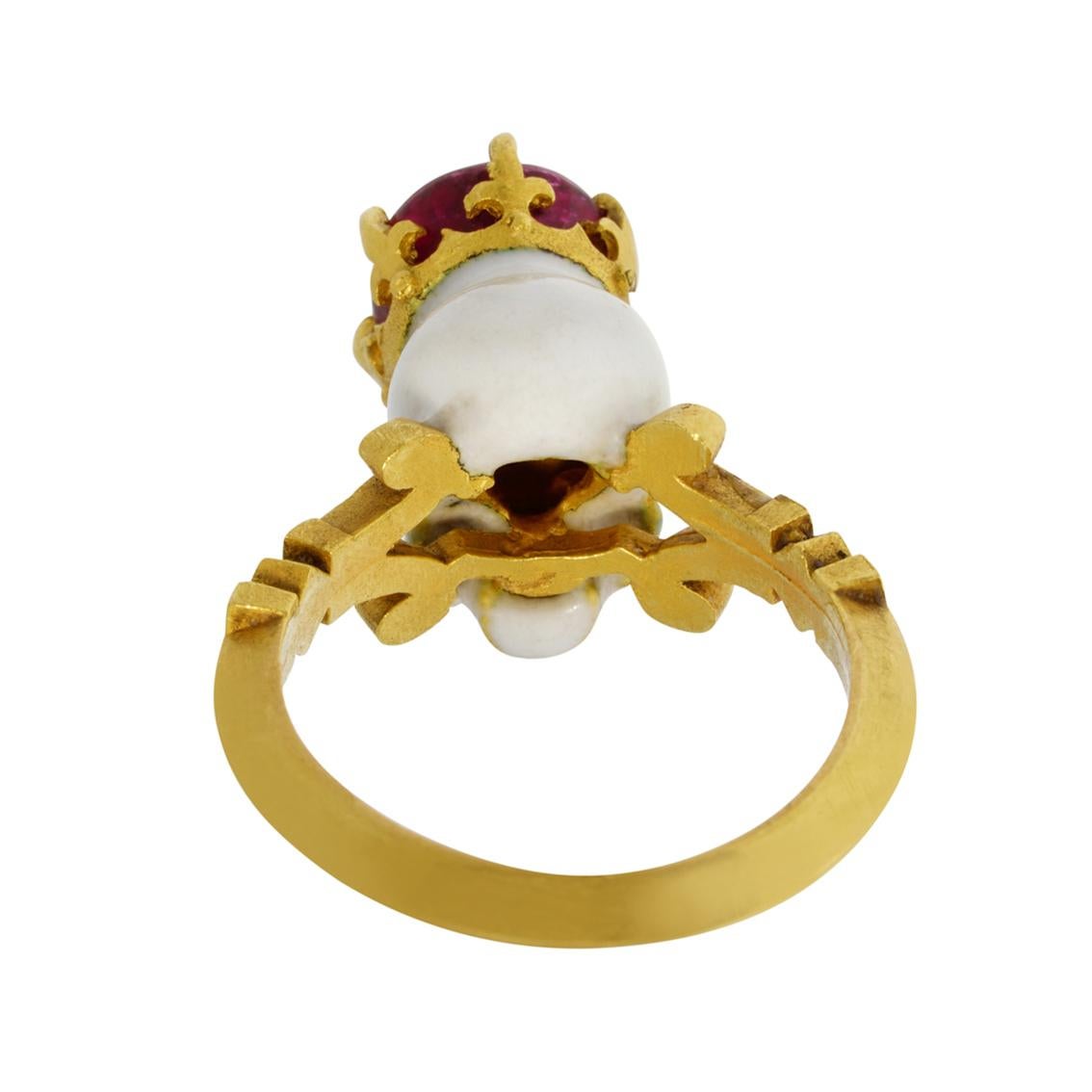 Catacomb Saint Skull Ring in 22 Karat Yellow Gold, Enamel & Rubellite Tourmaline 5