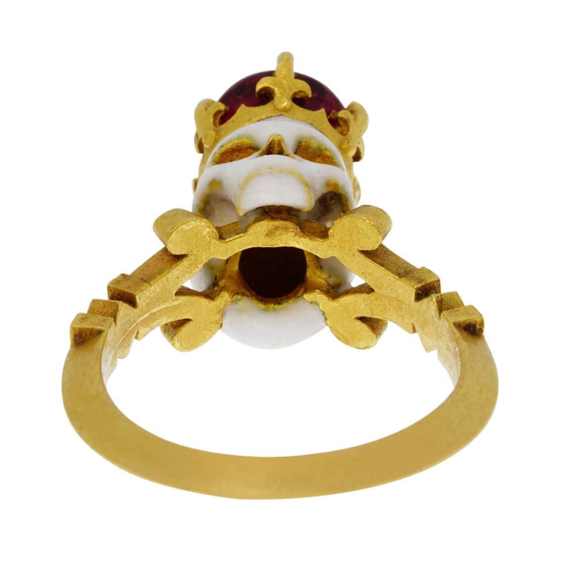 Tourmaline gold enamel skull  ring memento Mori  For Sale 6