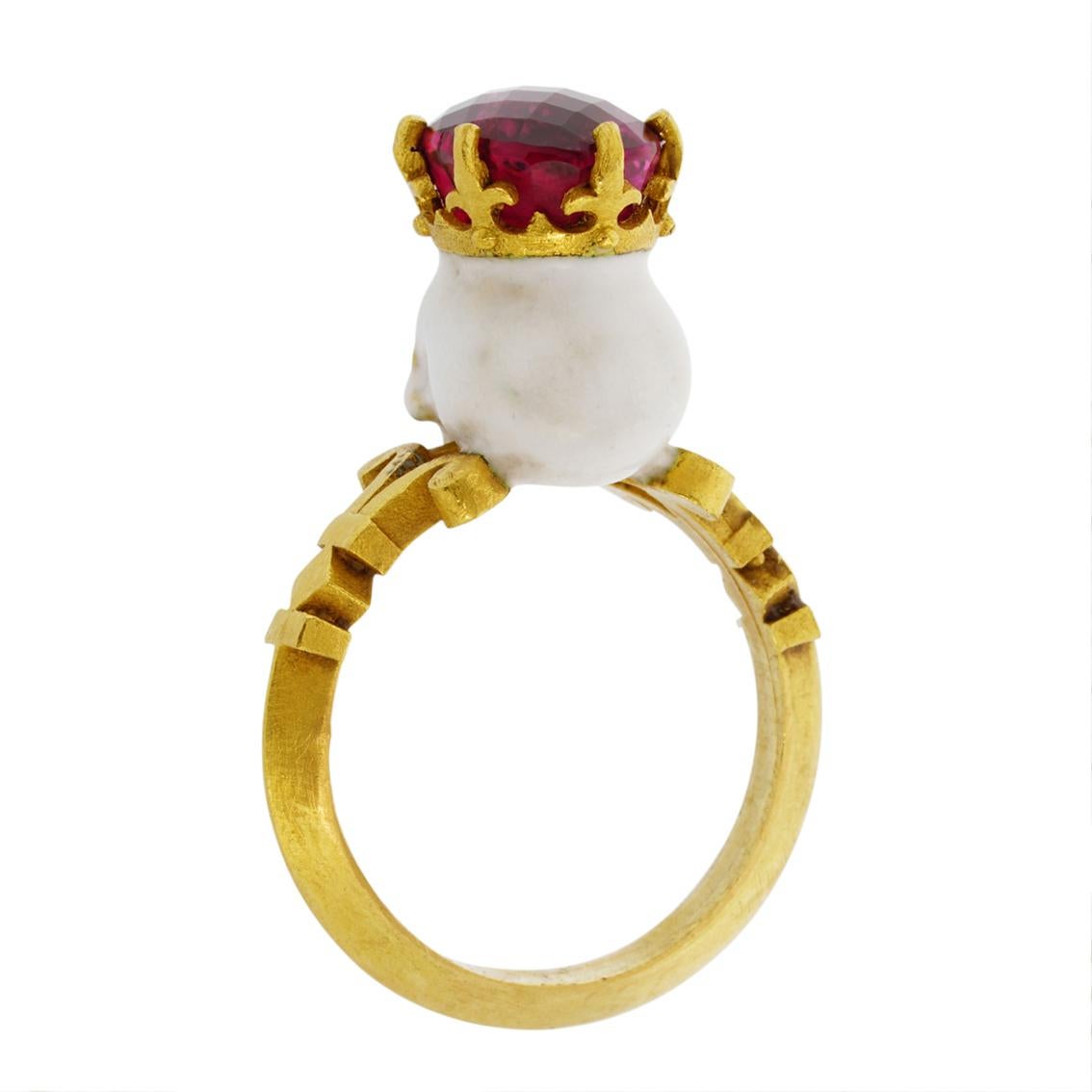 Catacomb Saint Skull Ring in 22 Karat Yellow Gold, Enamel & Rubellite Tourmaline 8