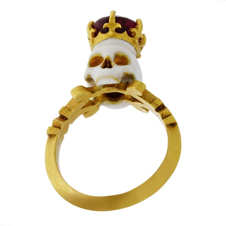 Tourmaline gold enamel skull ring memento Mori For Sale at 1stDibs