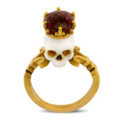 Tourmaline gold enamel skull  ring memento Mori