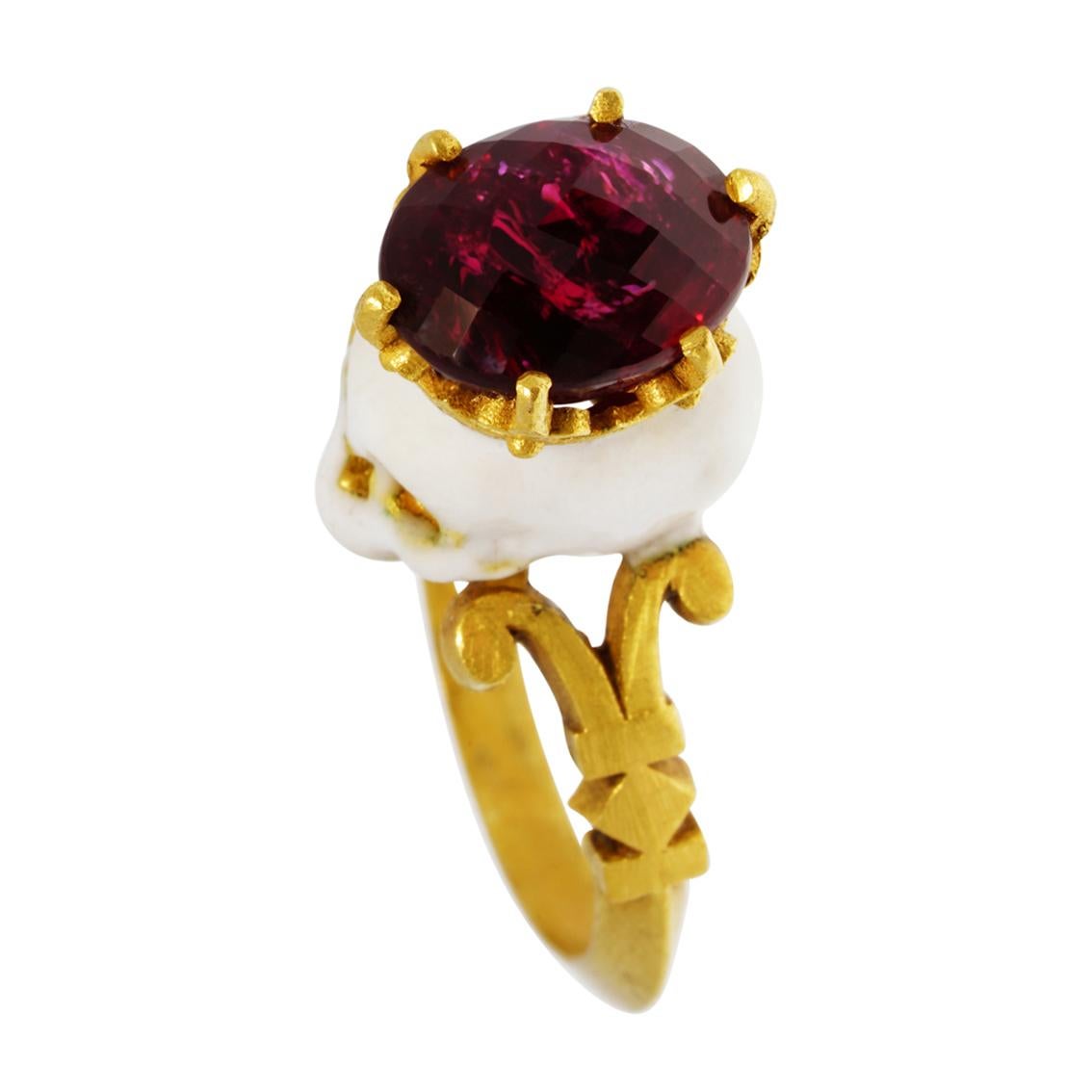 Catacomb Saint Skull Ring in 22 Karat Yellow Gold, Enamel & Rubellite Tourmaline In New Condition In Melbourne, Vic