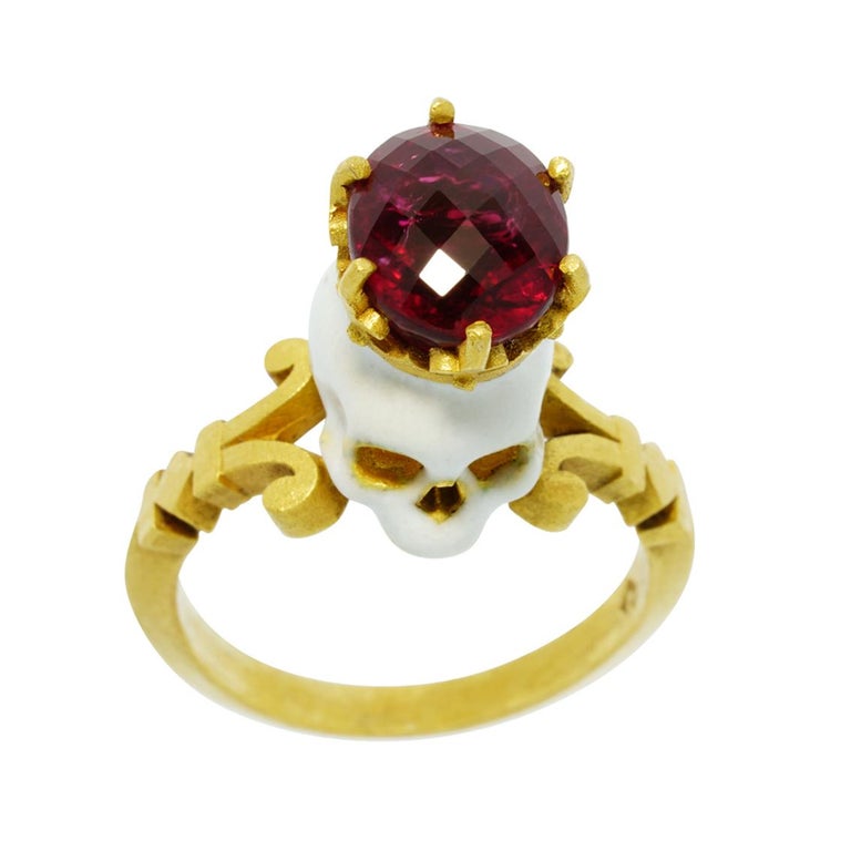 Tourmaline gold enamel skull ring memento Mori For Sale at 1stDibs