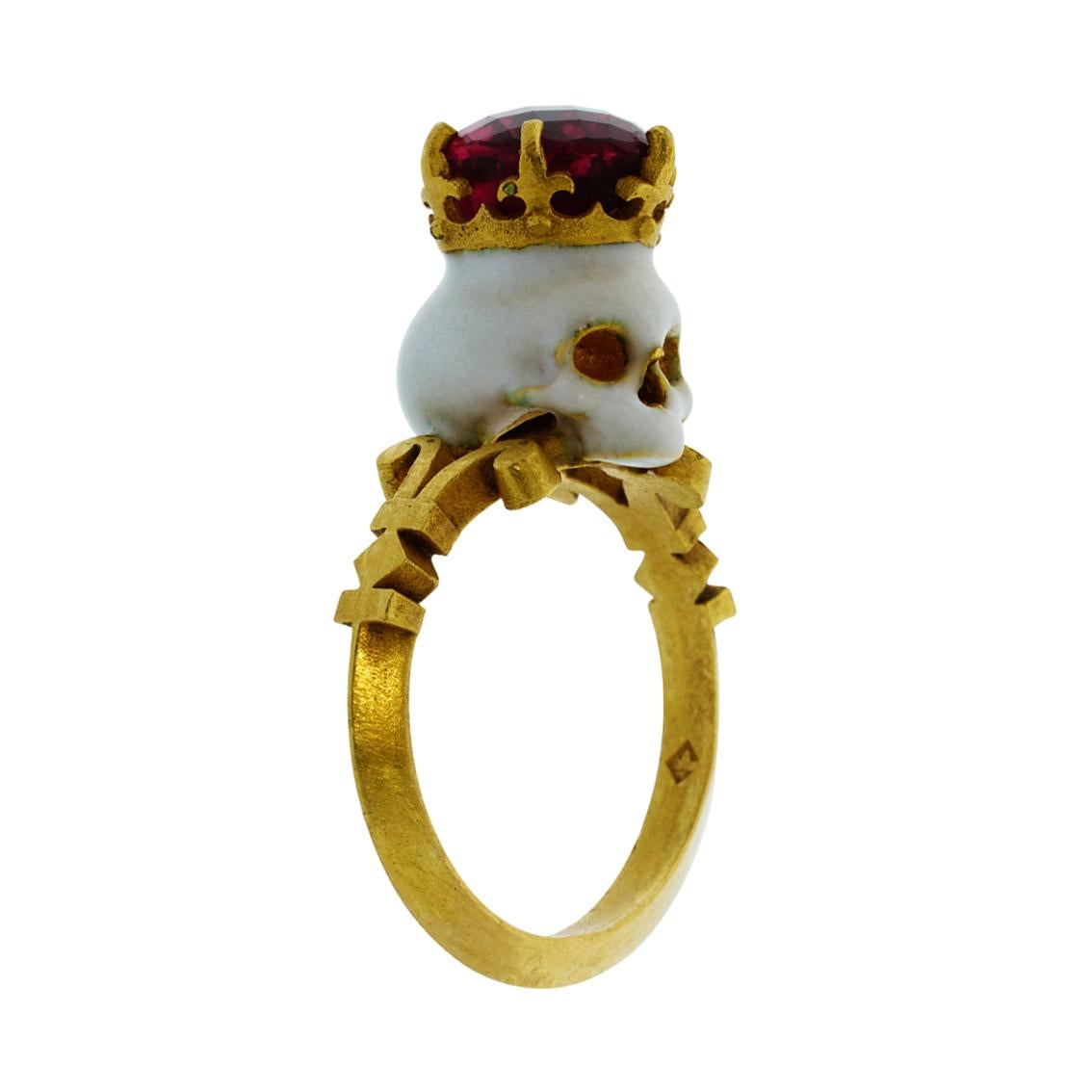 Catacomb Saint Skull Ring in 22 Karat Yellow Gold, Enamel & Rubellite Tourmaline 2