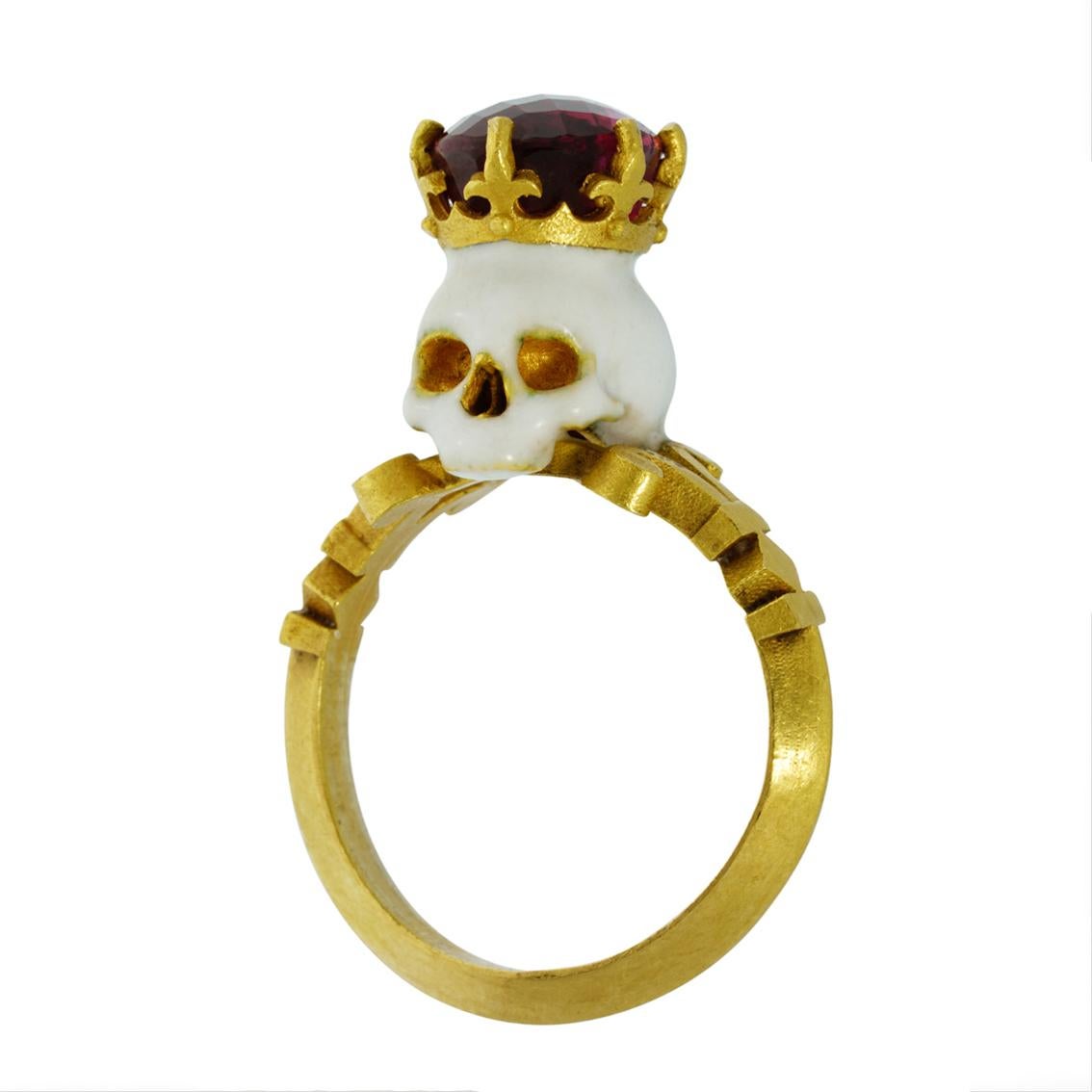 Catacomb Saint Skull Ring in 22 Karat Yellow Gold, Enamel & Rubellite Tourmaline 3