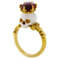 Catacomb Saint Skull Ring in 22 Karat Yellow Gold, Enamel & Rubellite Tourmaline