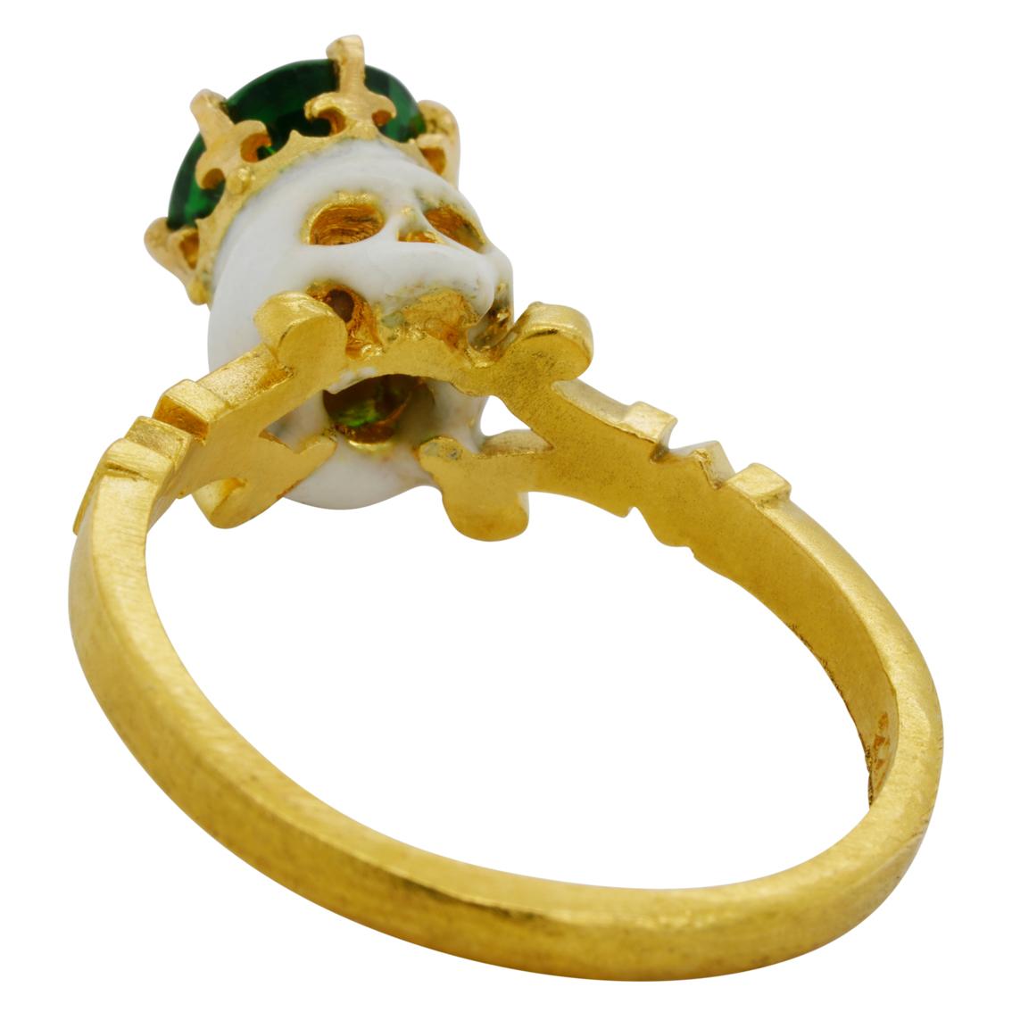 Women's or Men's Catacomb Saint Skull Ring in 22 Karat Yellow Gold, Enamel and Tsavorite Garnet