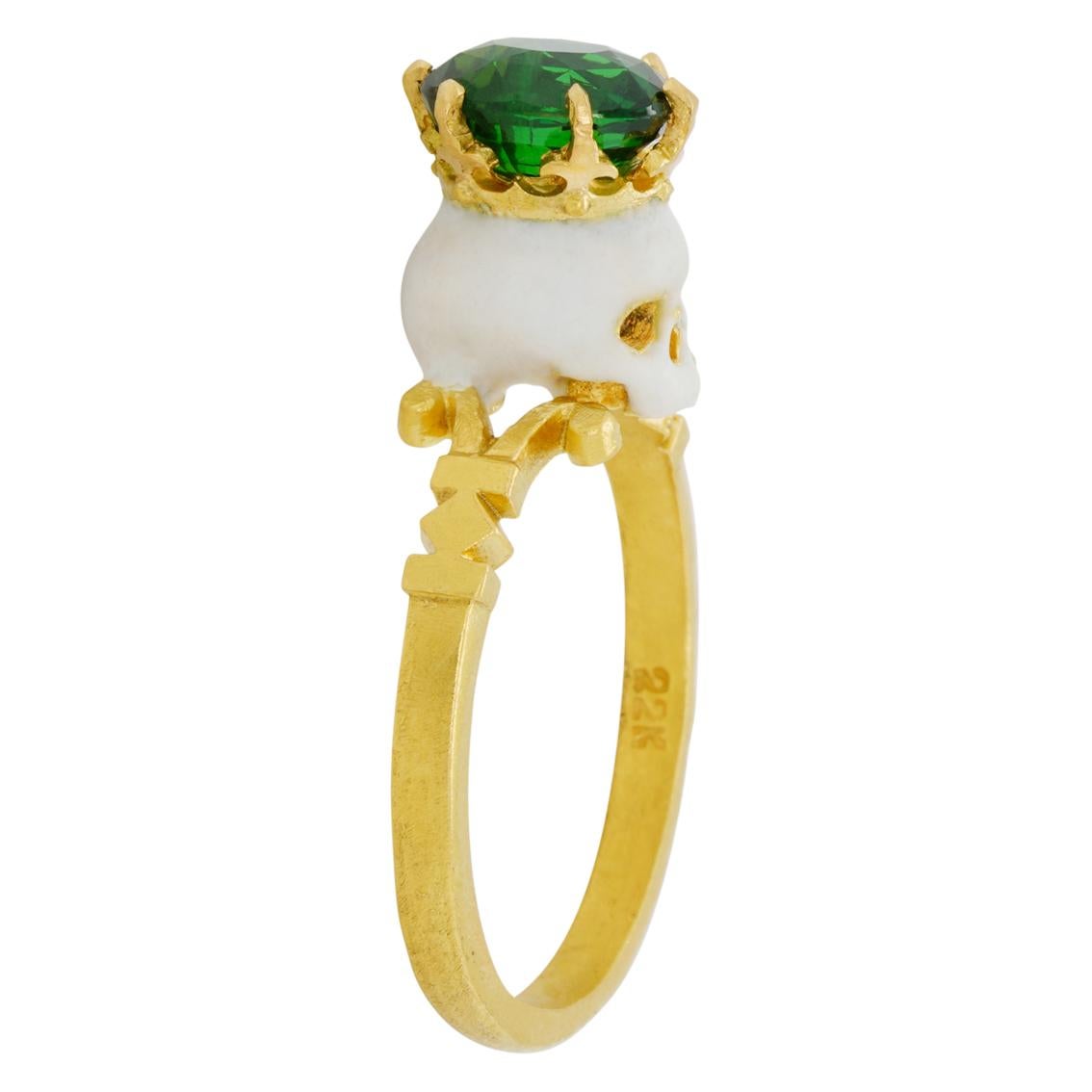 Catacomb Saint Skull Ring in 22 Karat Yellow Gold, Enamel and Tsavorite Garnet 1