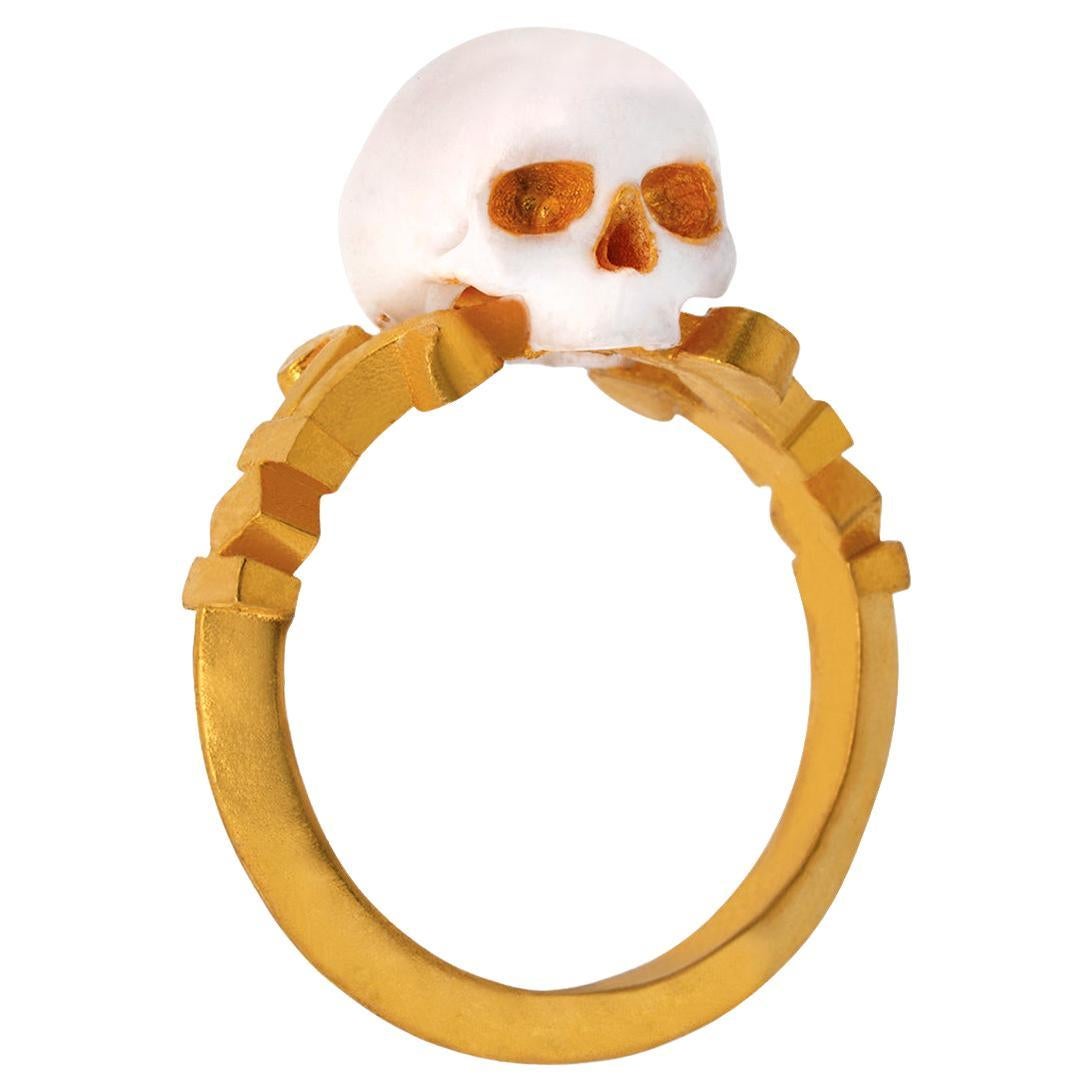 Catacomb Saint Skull Ring in 24 Karat Yellow Gold and Enamel For Sale