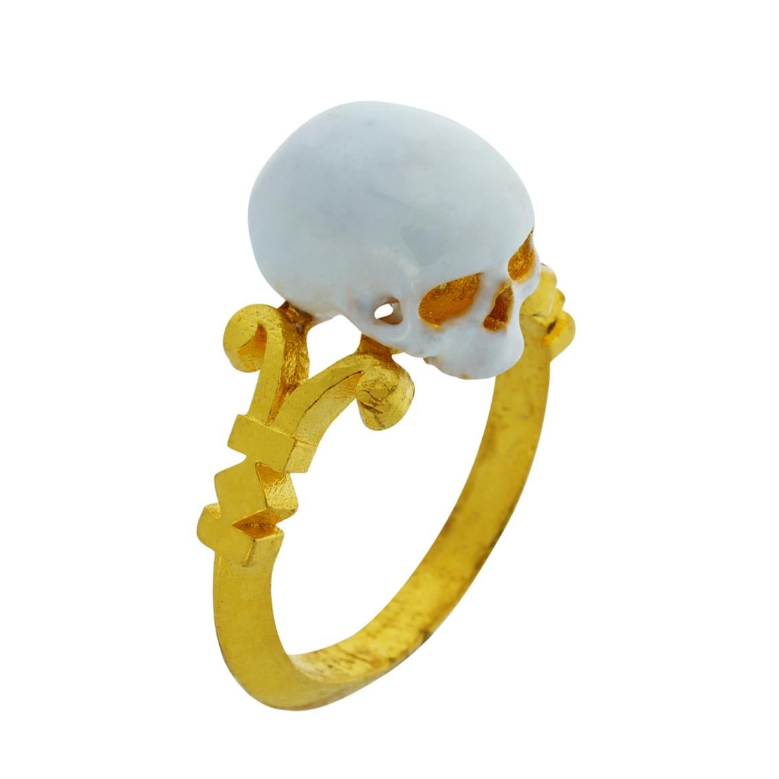 Baroque Catacomb Saint Skull Ring in 24 Karat Yellow Gold and Enamel For Sale