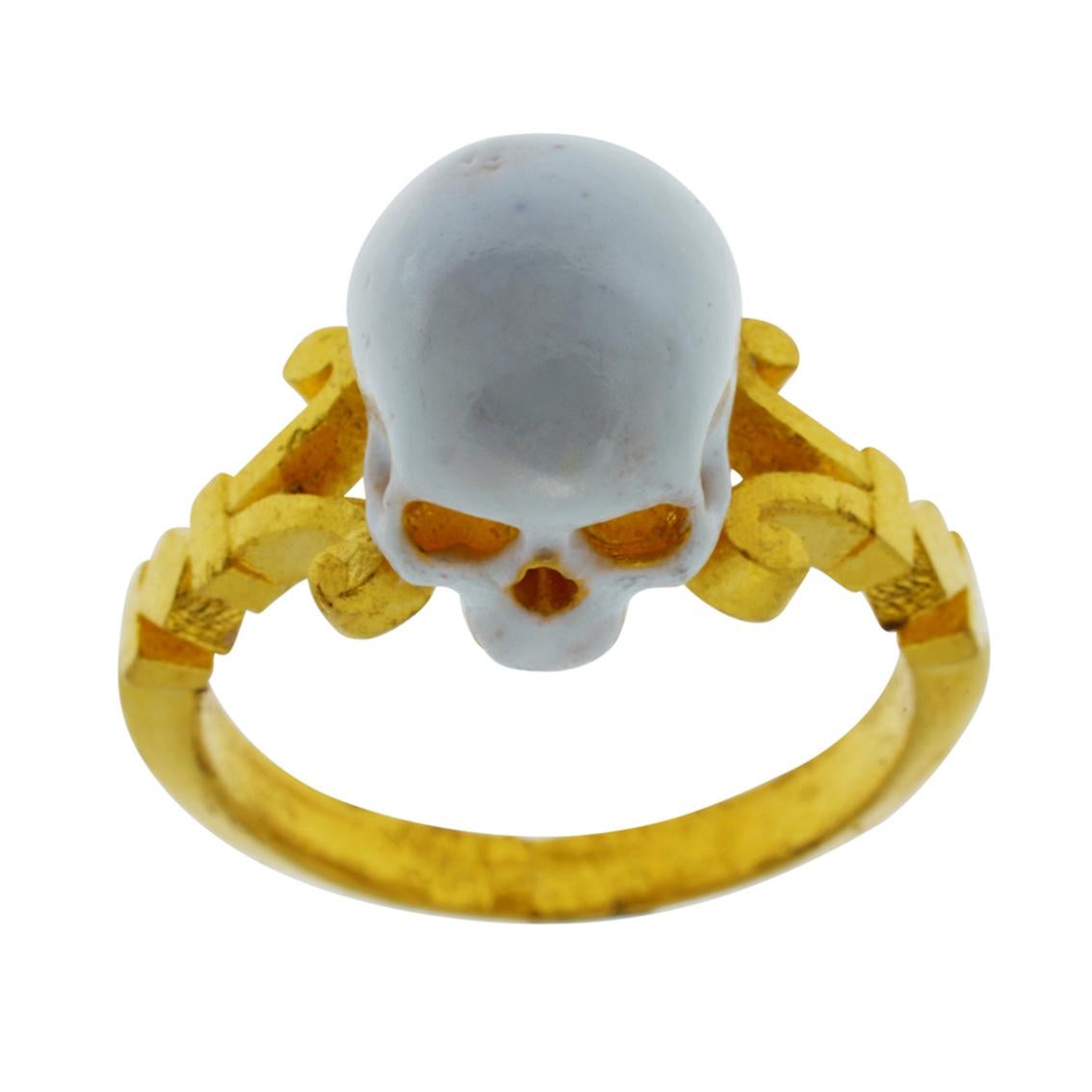 Catacomb Saint Skull Ring in 24 Karat Yellow Gold and Enamel In New Condition For Sale In Melbourne, Vic