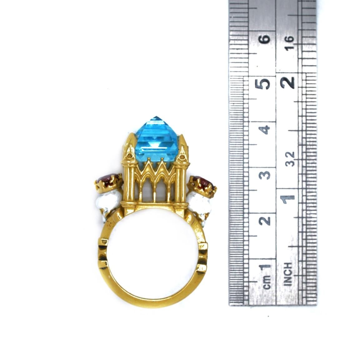 Catacomb Saints Cathedral Ring in 18 Karat Yellow Gold with Topaz and Garnets For Sale 4