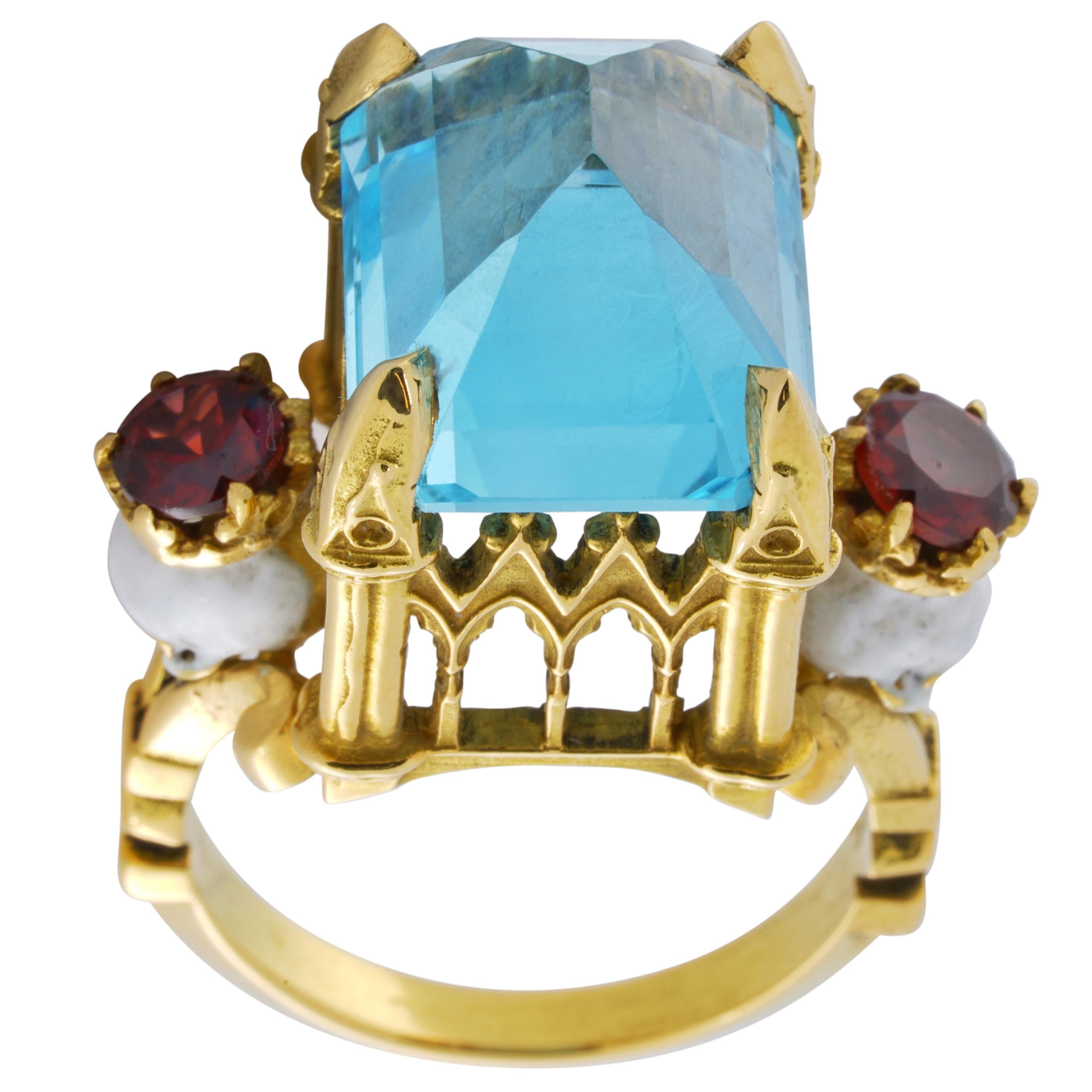 Baroque Catacomb Saints Cathedral Ring in 18 Karat Yellow Gold with Topaz and Garnets For Sale