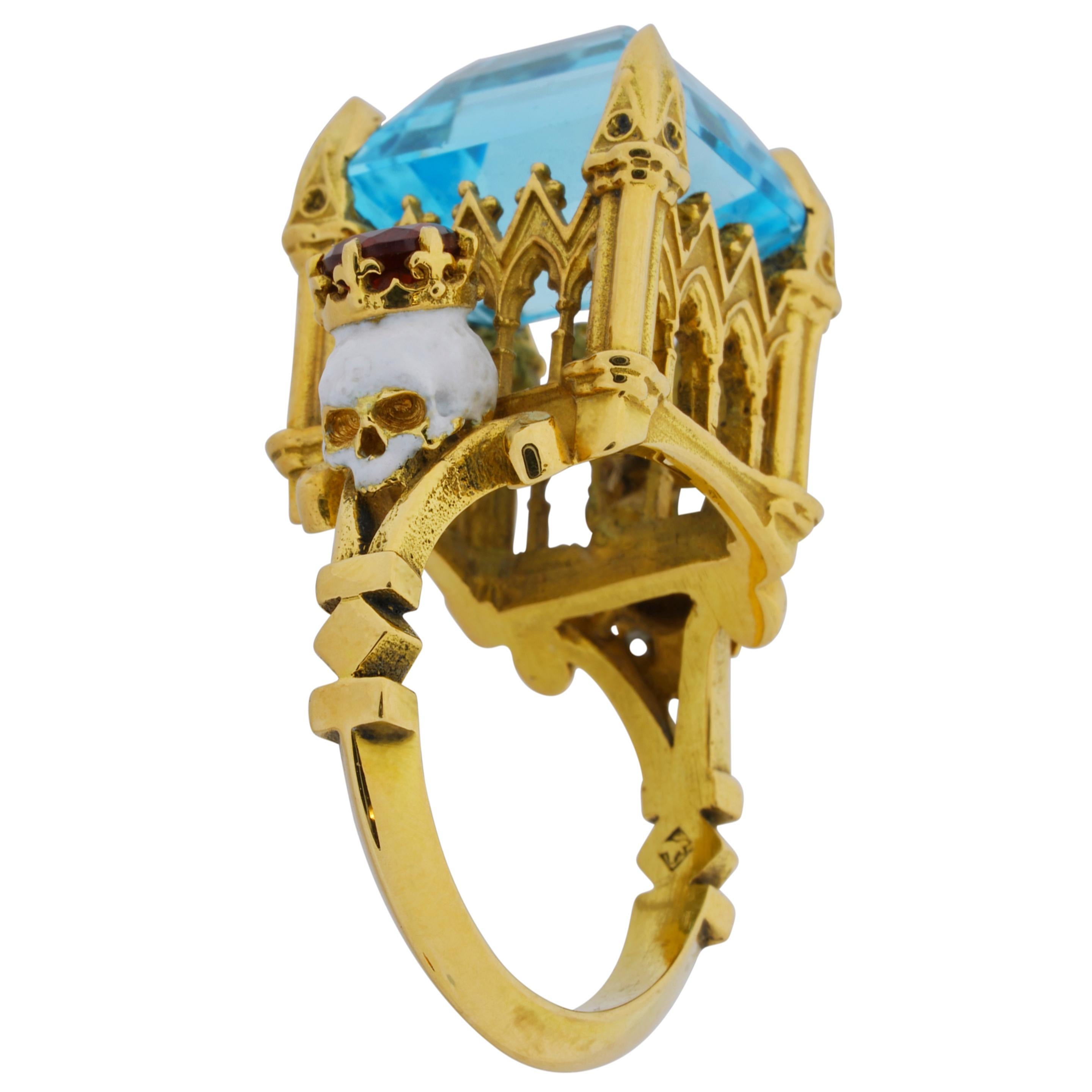 Emerald Cut Catacomb Saints Cathedral Ring in 18 Karat Yellow Gold with Topaz and Garnets For Sale