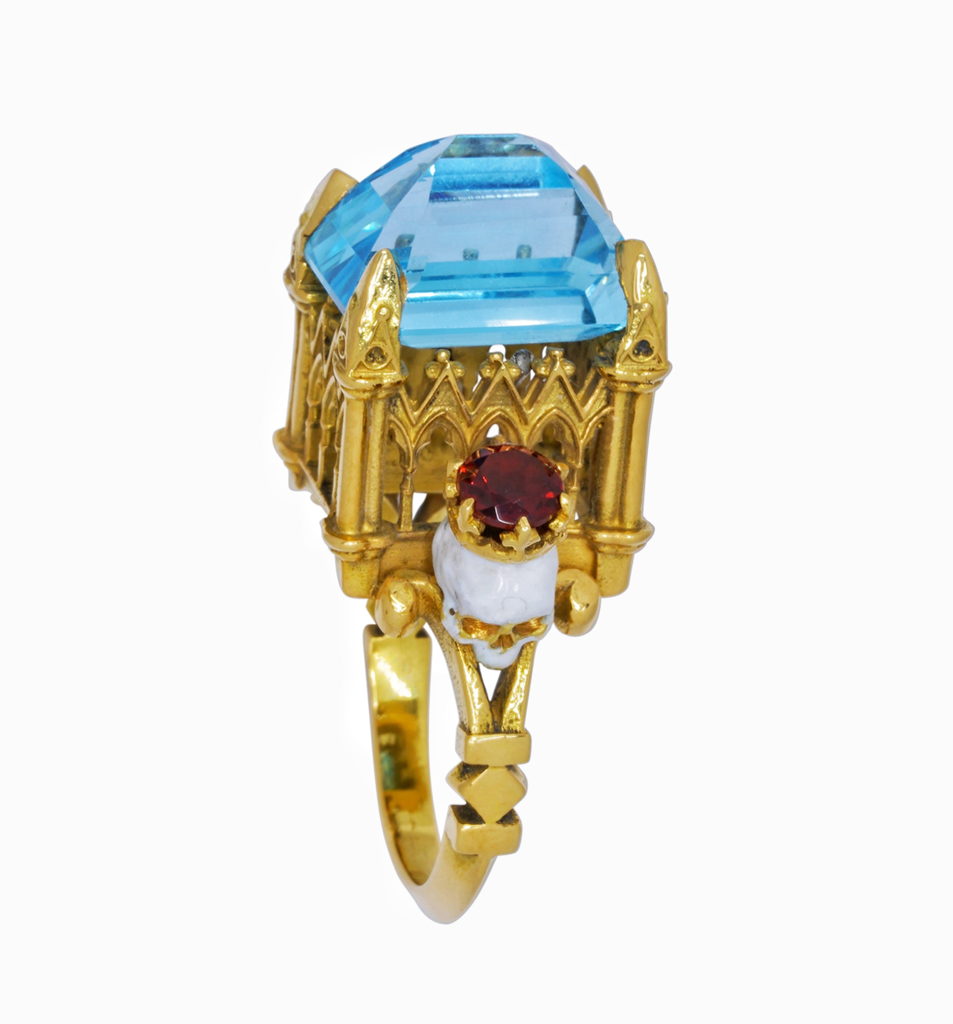 Catacomb Saints Cathedral Ring in 18 Karat Yellow Gold with Topaz and Garnets For Sale 1