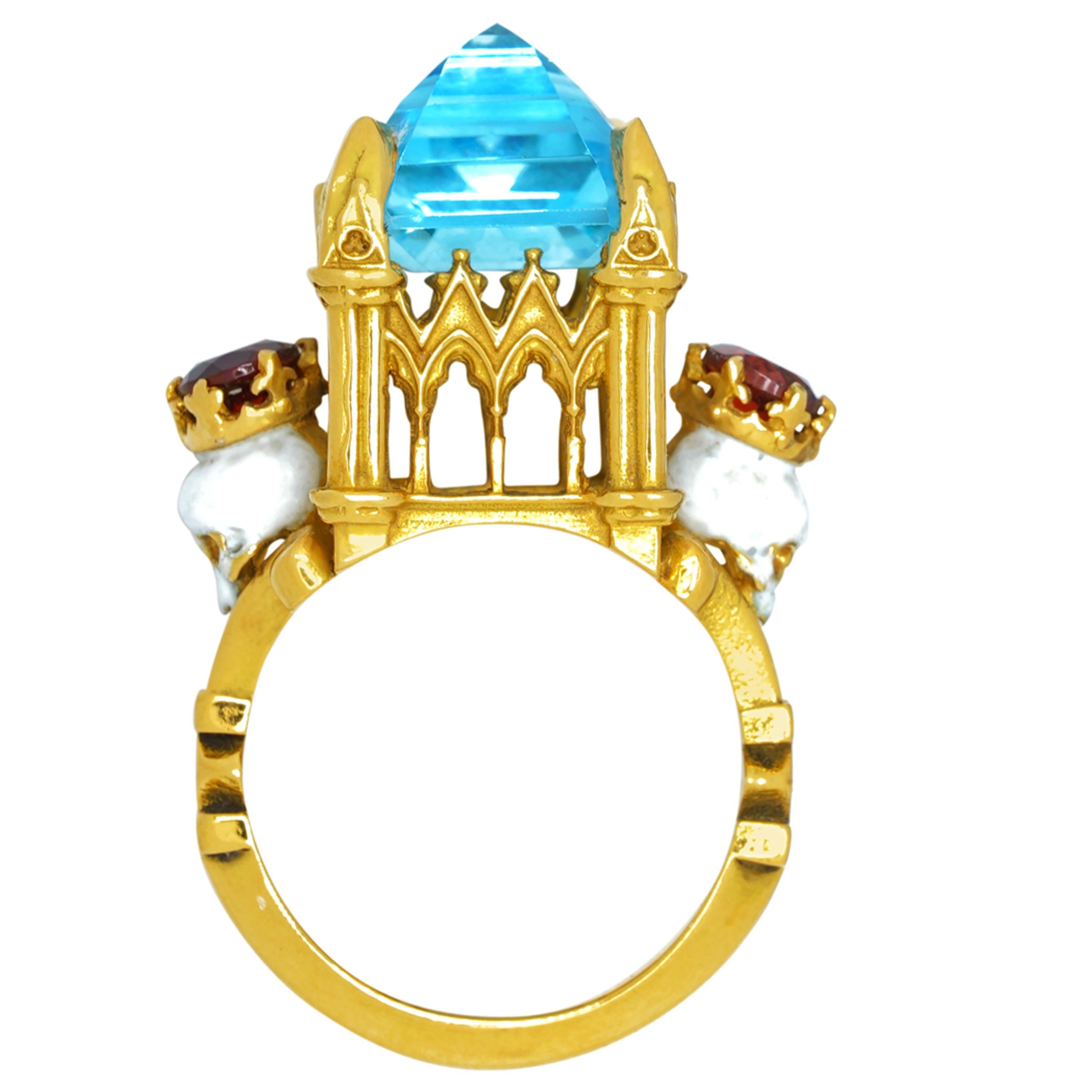 Catacomb Saints Cathedral Ring in 18 Karat Yellow Gold with Topaz and Garnets For Sale 2