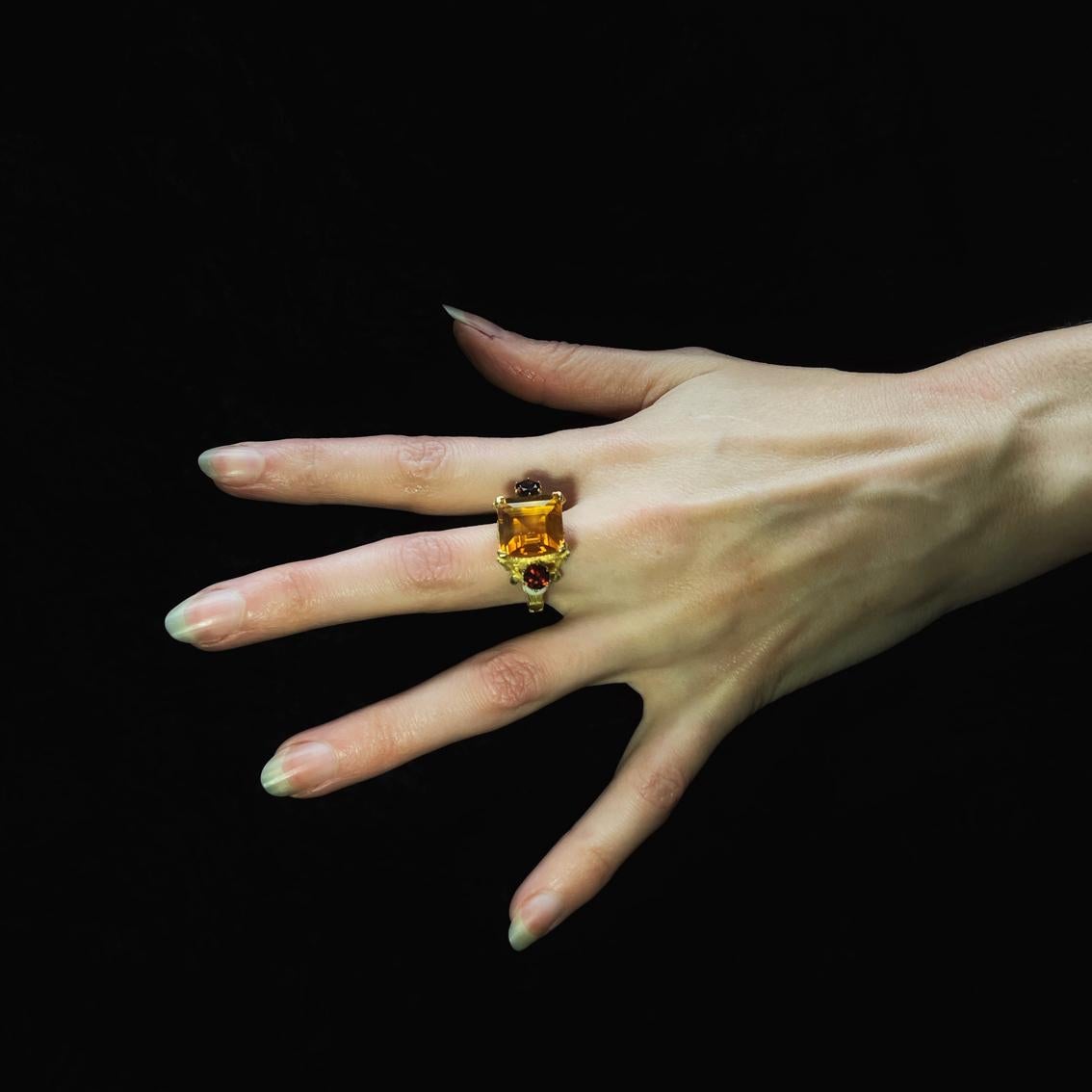 Square Cut Catacomb Saints Garland Ring in 18 Karat Gold Citrine Garnets and Pink Diamonds For Sale
