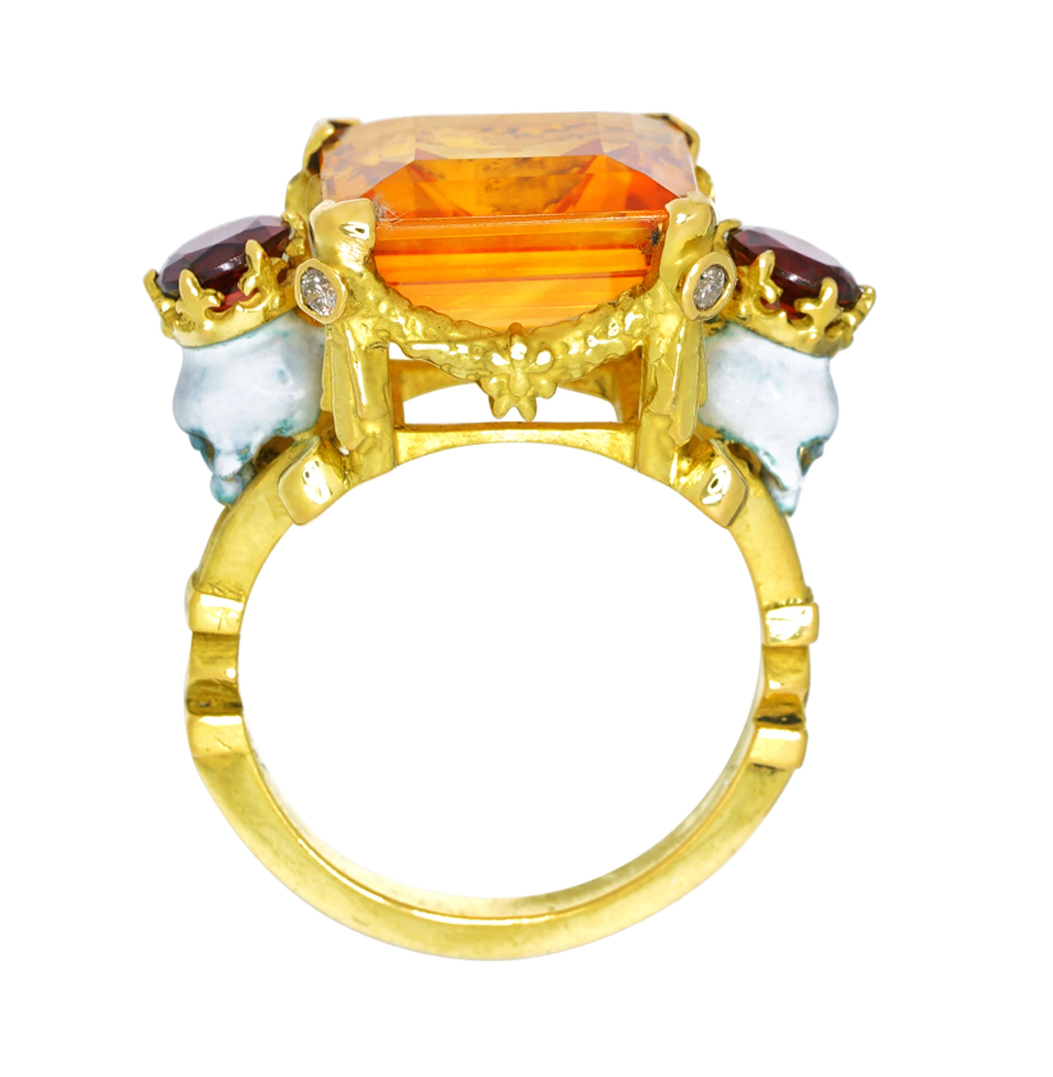 Handcrafted in 18kt yellow gold this empyreal ring features a spectacular central 13.5mm x 13.5mm x 5.5mm citrine aloft a signature William Llewellyn Griffiths garland setting studded with four 1.4mm pink diamonds. The heavenly central stone is