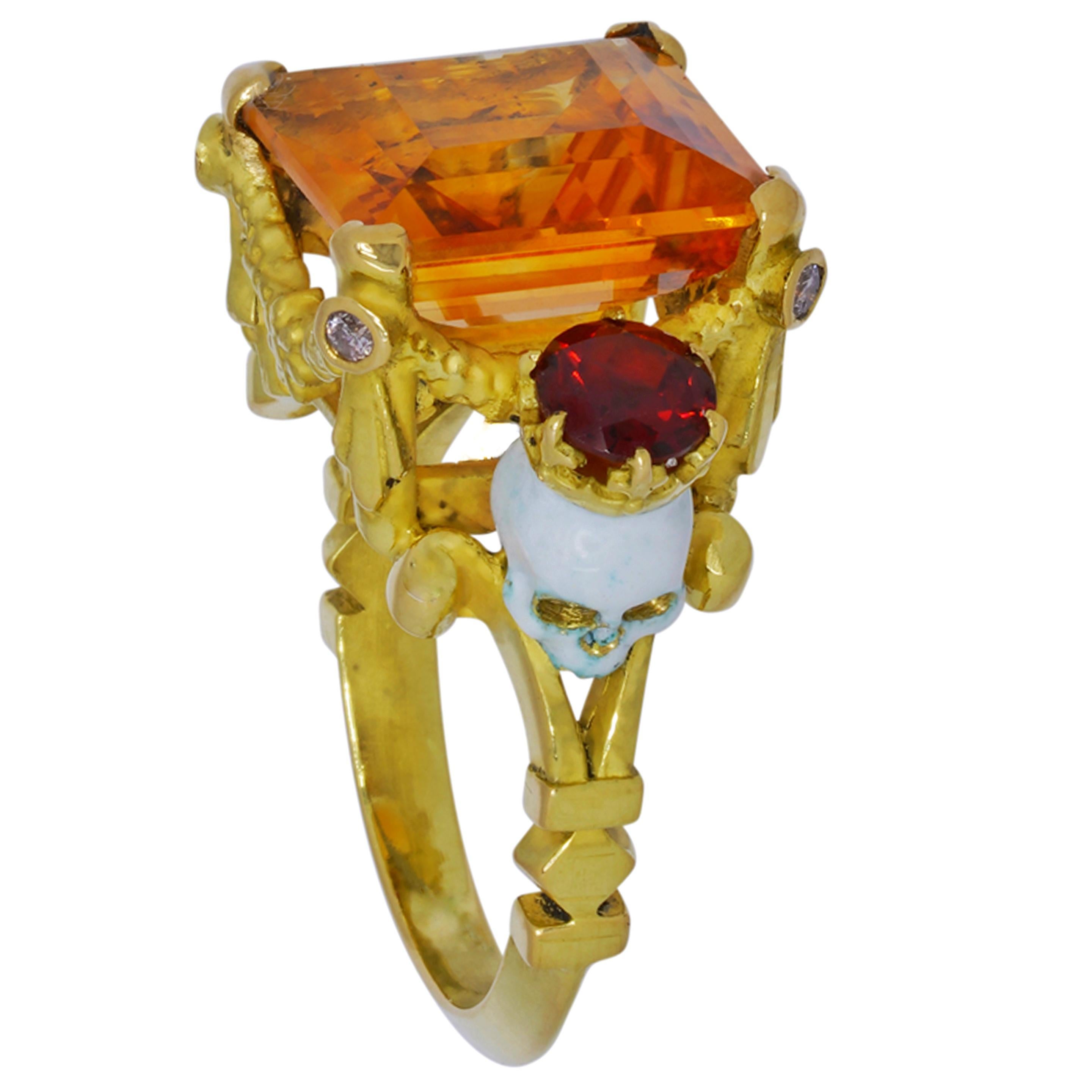 Baroque Catacomb Saints Garland Ring in 18 Karat Gold Citrine Garnets and Pink Diamonds For Sale