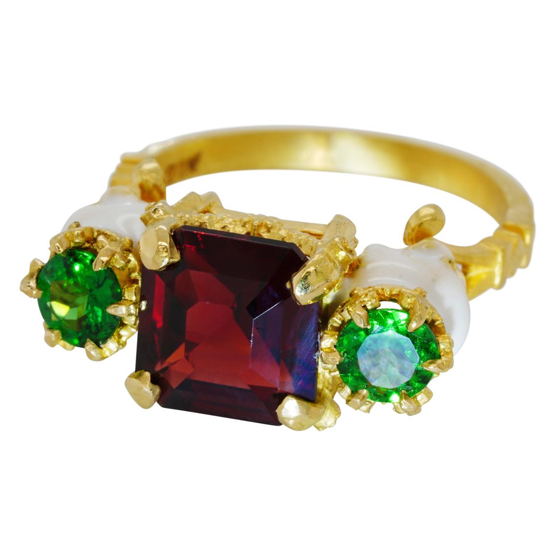 Catacomb Saints Garland Ring in 22 Karat Gold with Red and Tsavorite Garnets 3