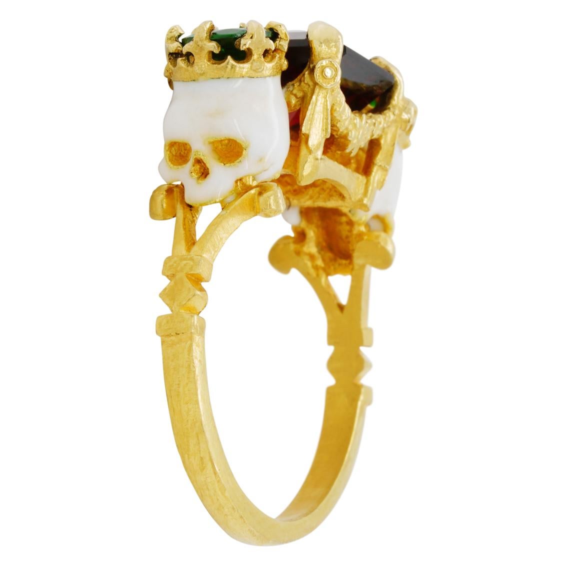 Baroque Catacomb Saints Garland Ring in 22 Karat Gold with Red and Tsavorite Garnets
